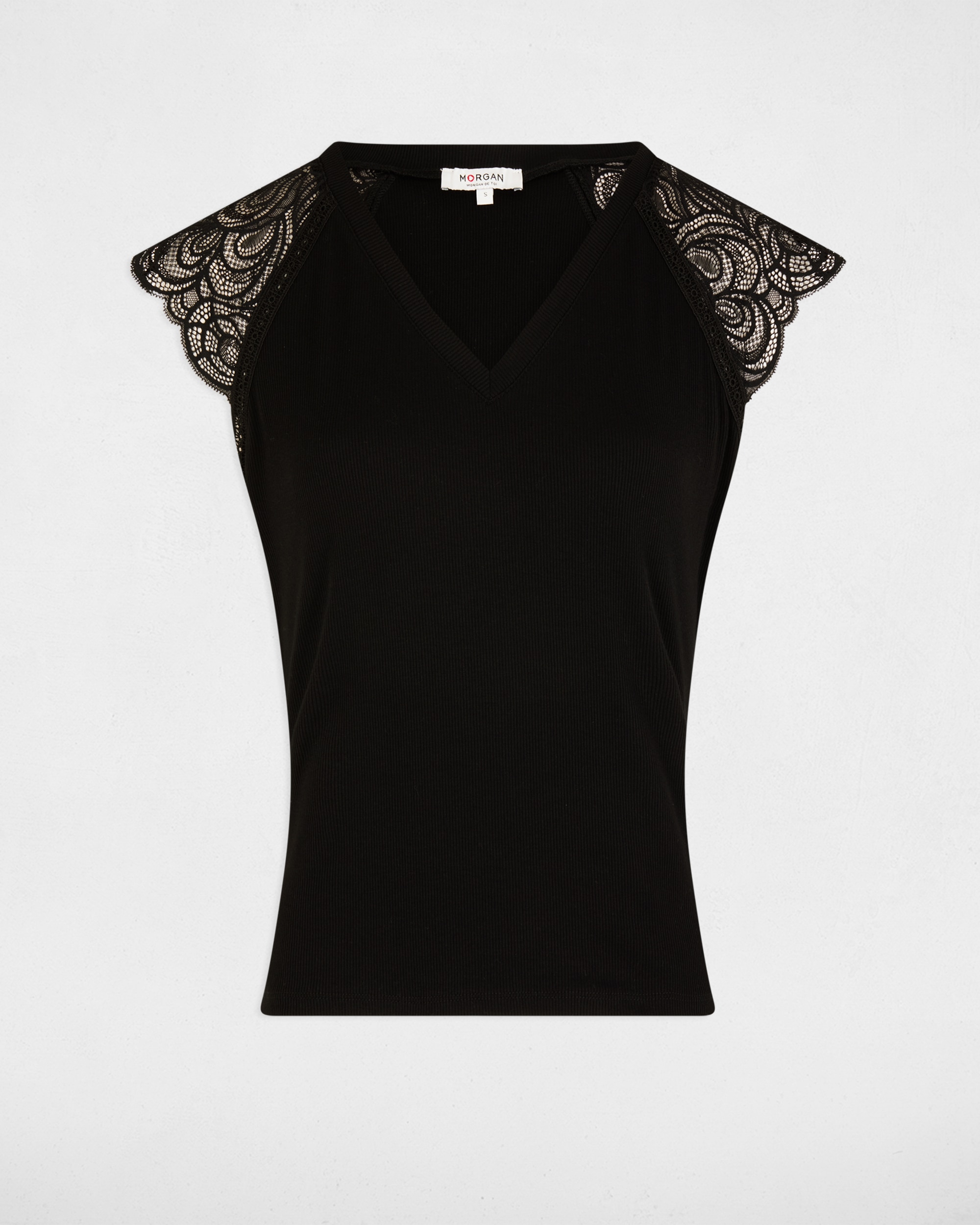 T-shirt com Decote em V e Renda Preto-5