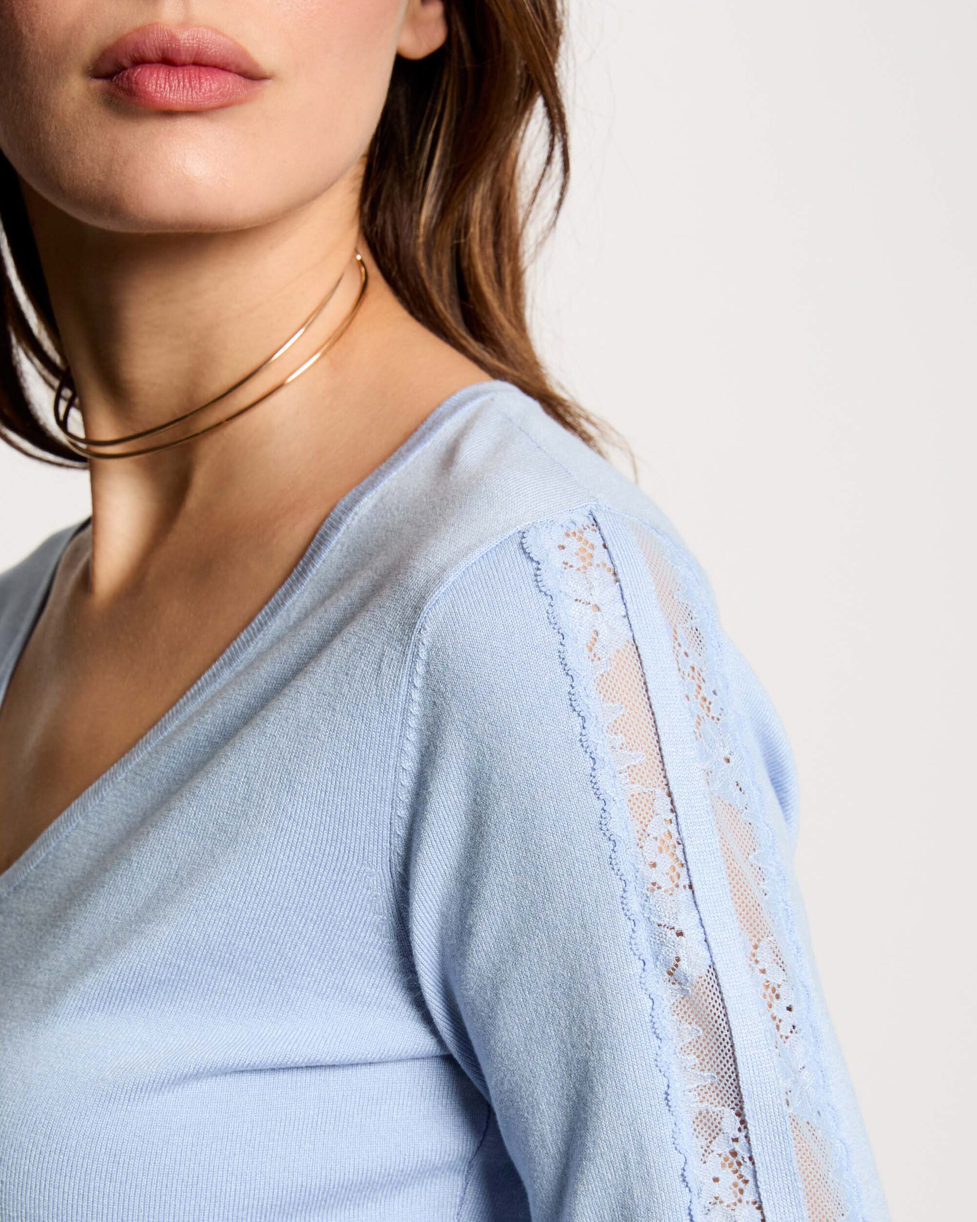 Camisola de Malha Fina com Decote em V Azul-claro-5