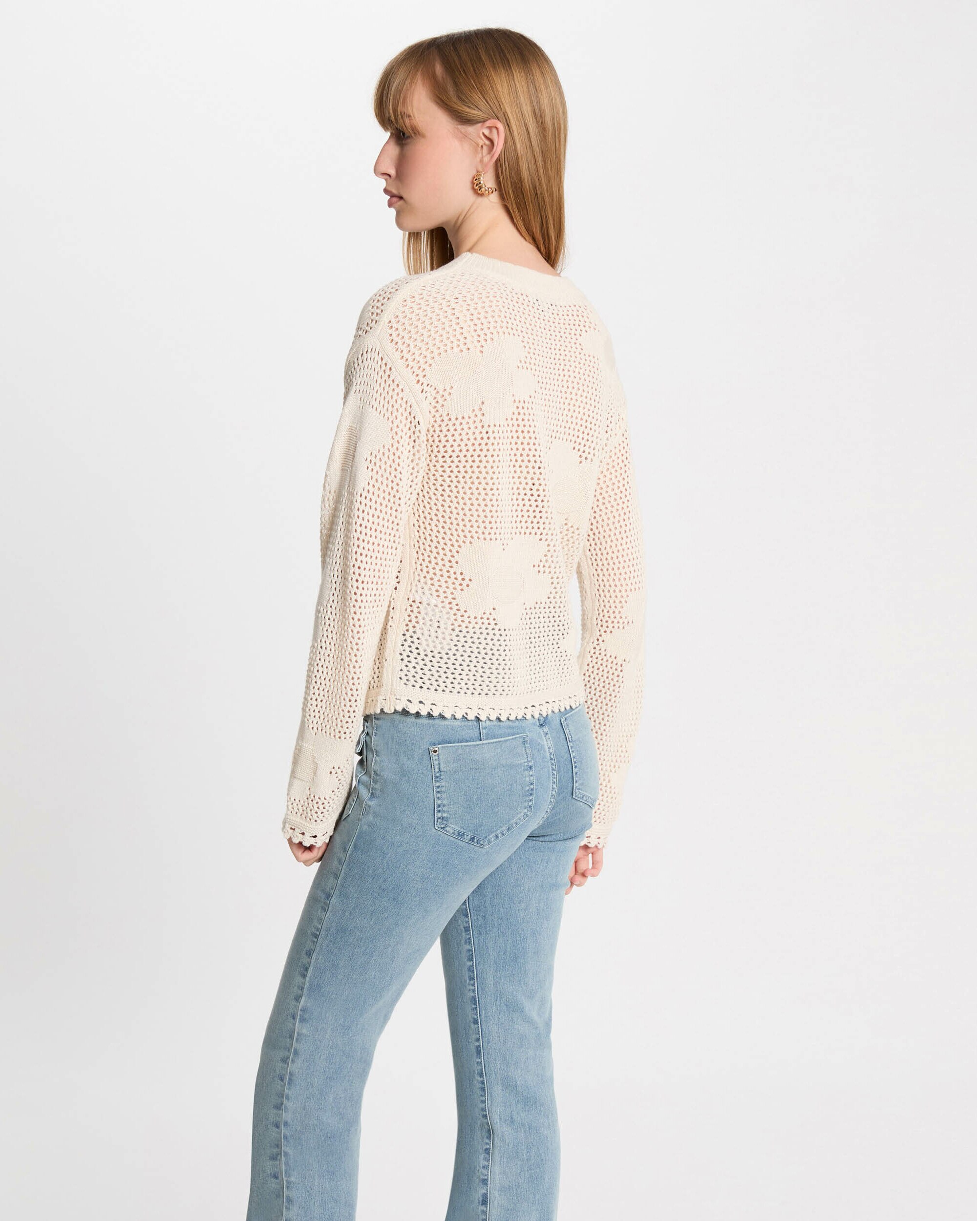 Camisola Perfurada com Gola Redonda Bege-2