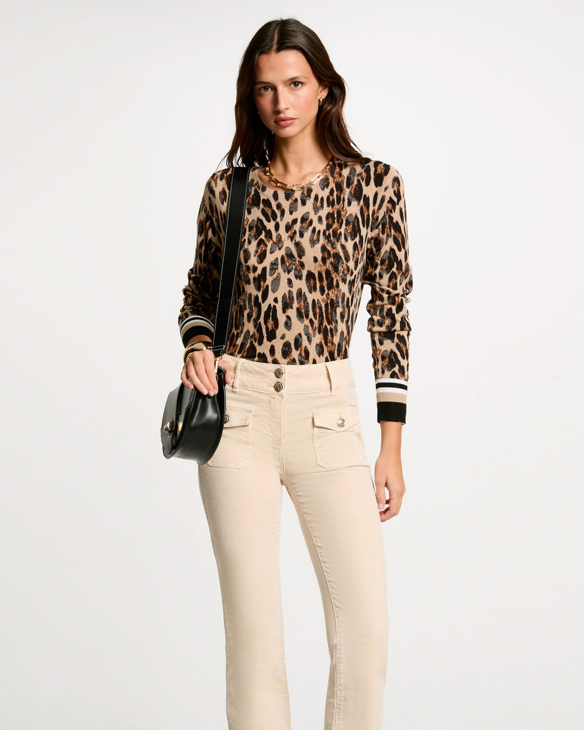 Camisola Animal Print com Gola Redonda Bege / Castanho-1