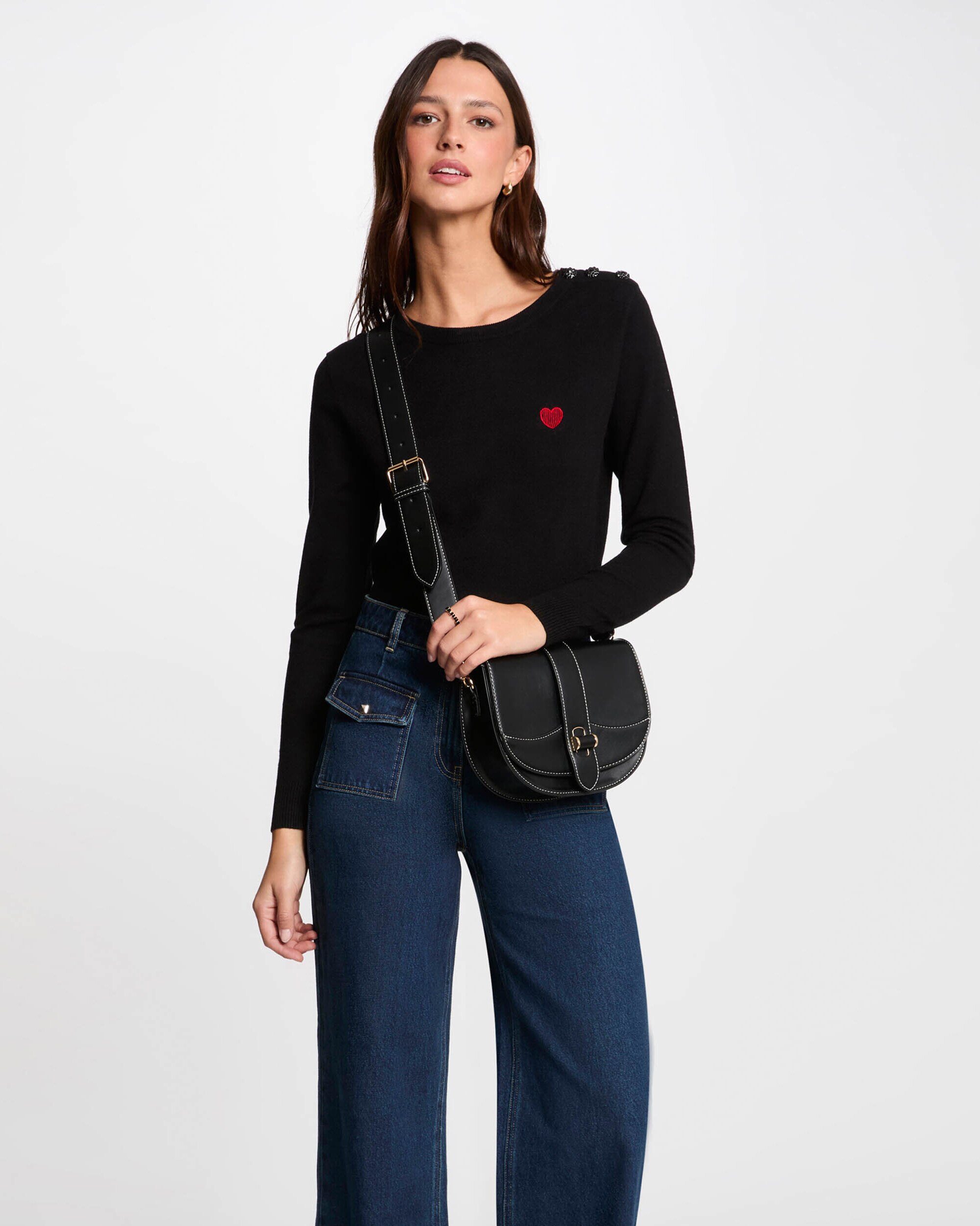 Camisola com Gola Redonda e Botões Decorativos Preto-1
