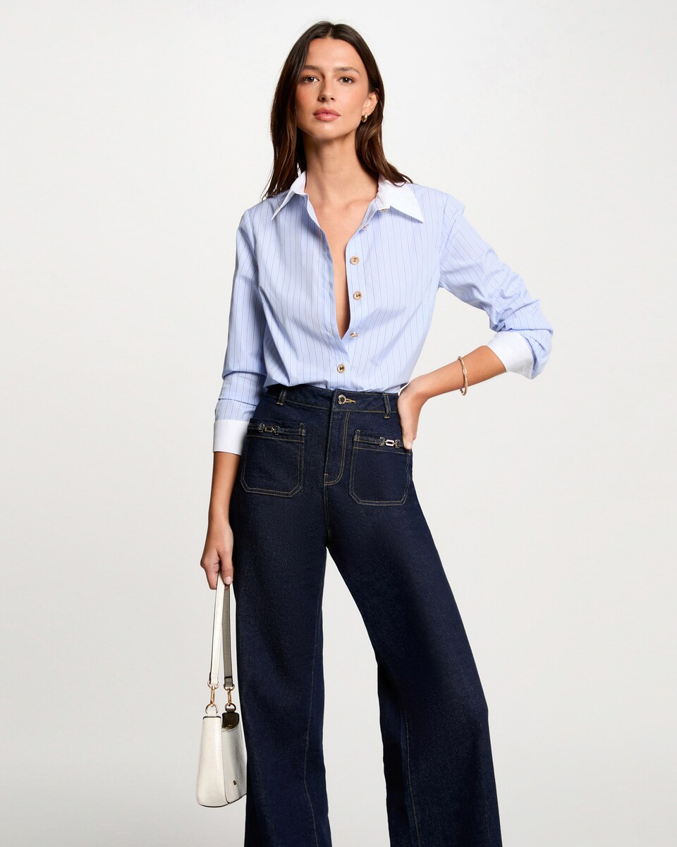 Camisa de Manga Comprida Às Riscas Azul / Branco-1