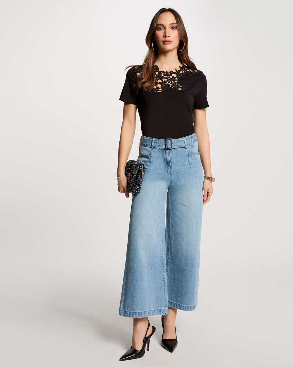 Jeans com Corte a Direito de Perna Larga com Cinto Azul-claro-1