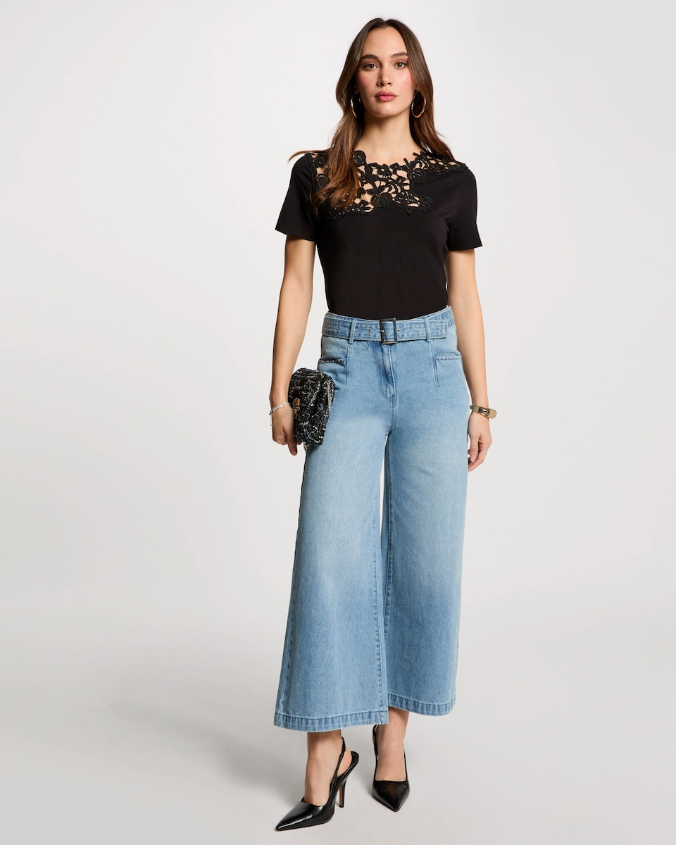 Jeans com Corte a Direito de Perna Larga com Cinto Azul-claro-1