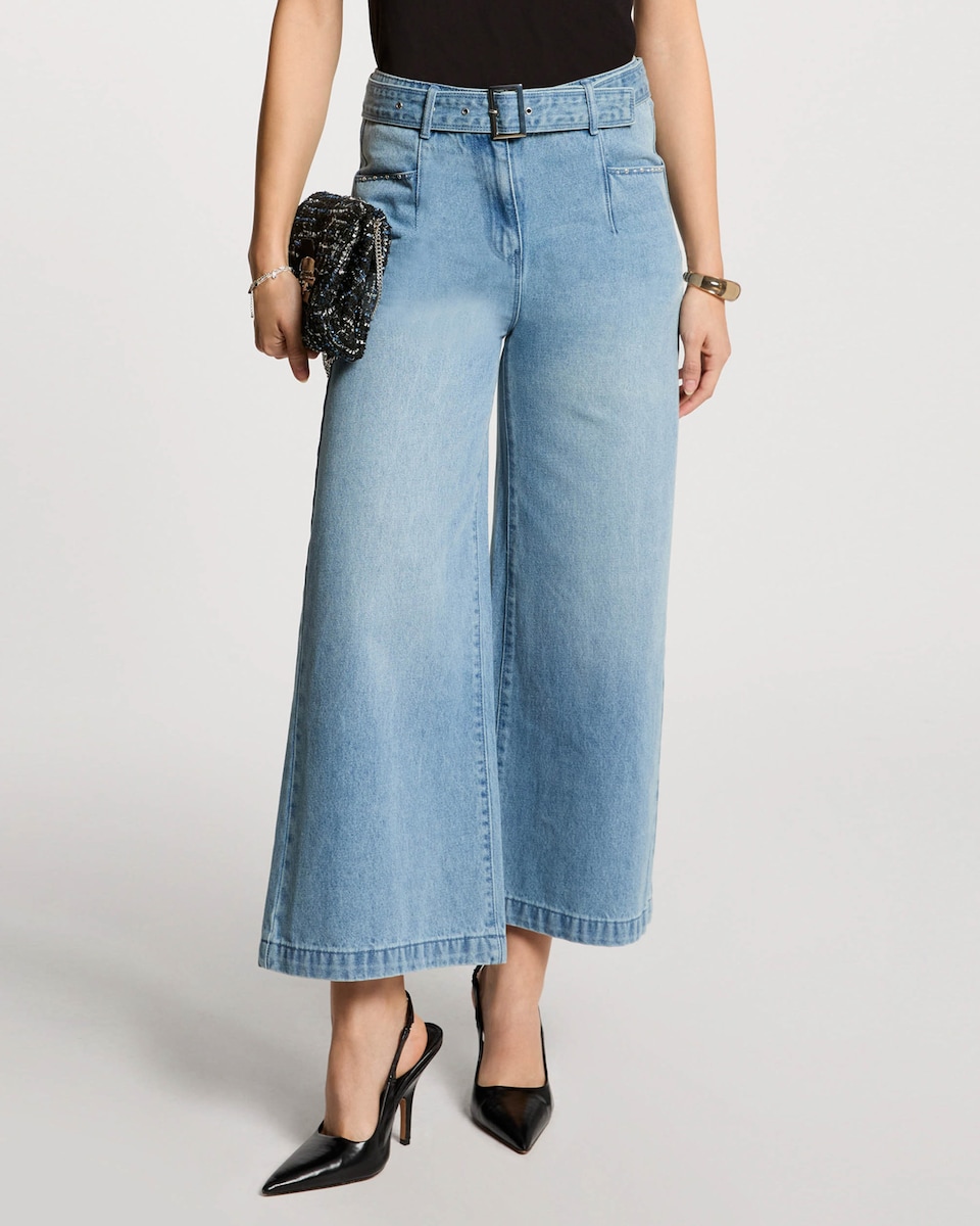 Jeans com Corte a Direito de Perna Larga com Cinto Azul-claro-2