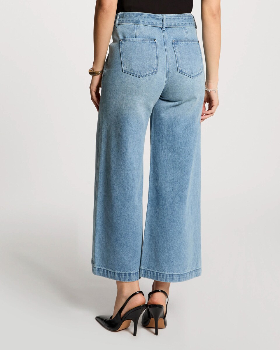Jeans com Corte a Direito de Perna Larga com Cinto Azul-claro-3