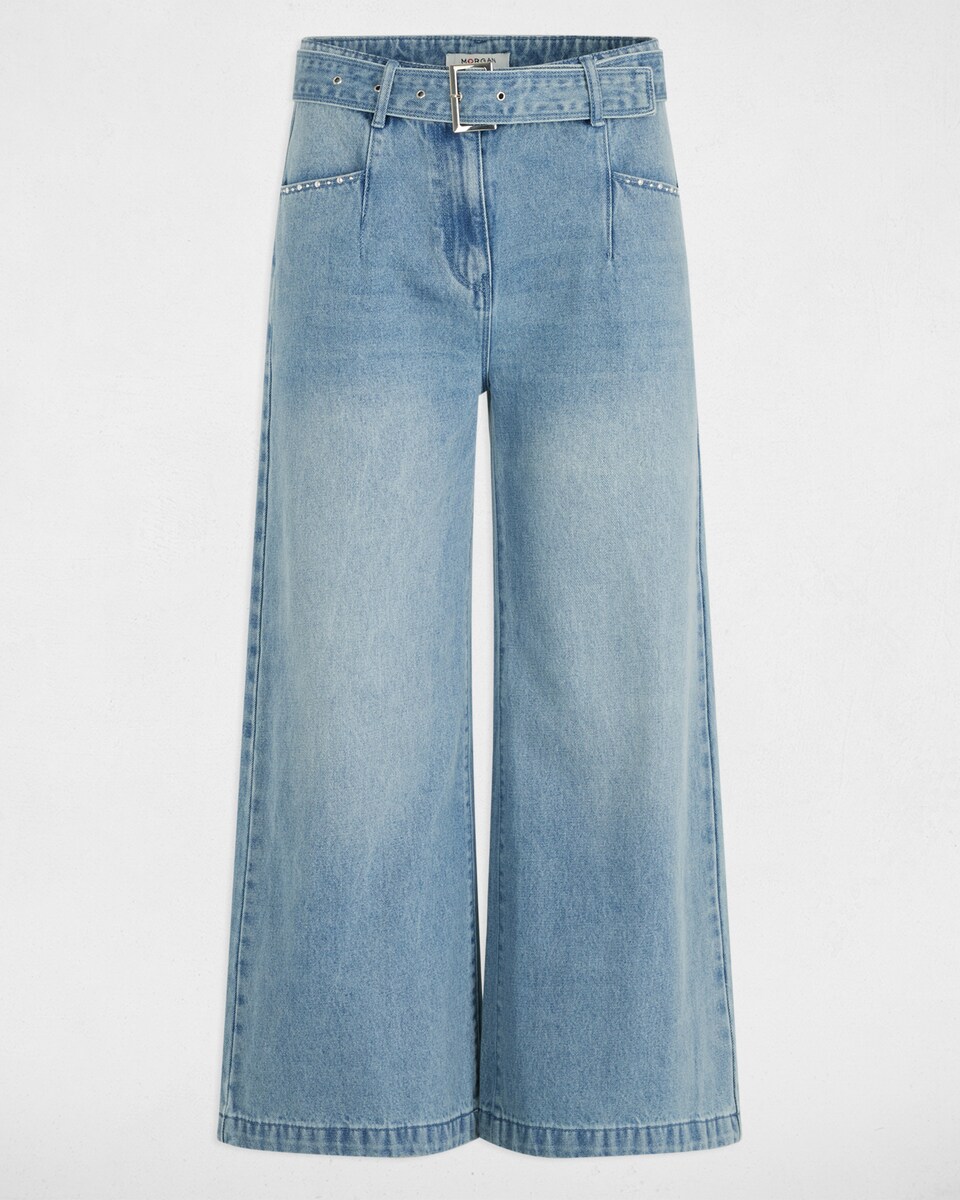Jeans com Corte a Direito de Perna Larga com Cinto Azul-claro-4