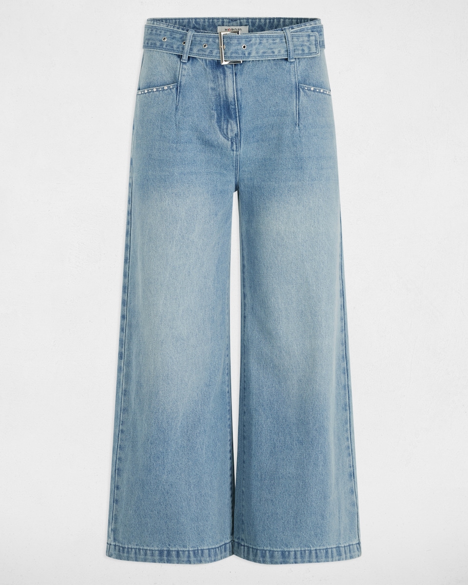 Jeans com Corte a Direito de Perna Larga com Cinto Azul-claro-4