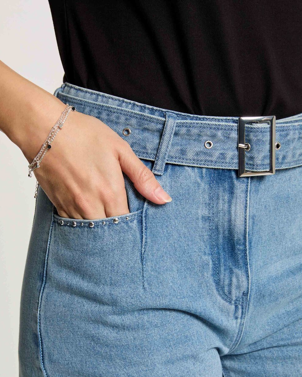 Jeans com Corte a Direito de Perna Larga com Cinto Azul-claro-5