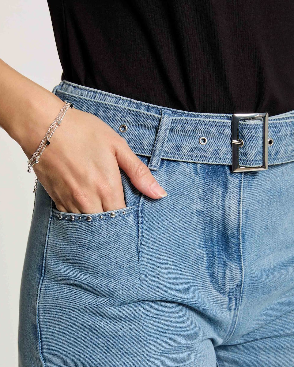 Jeans com Corte a Direito de Perna Larga com Cinto Azul-claro-5