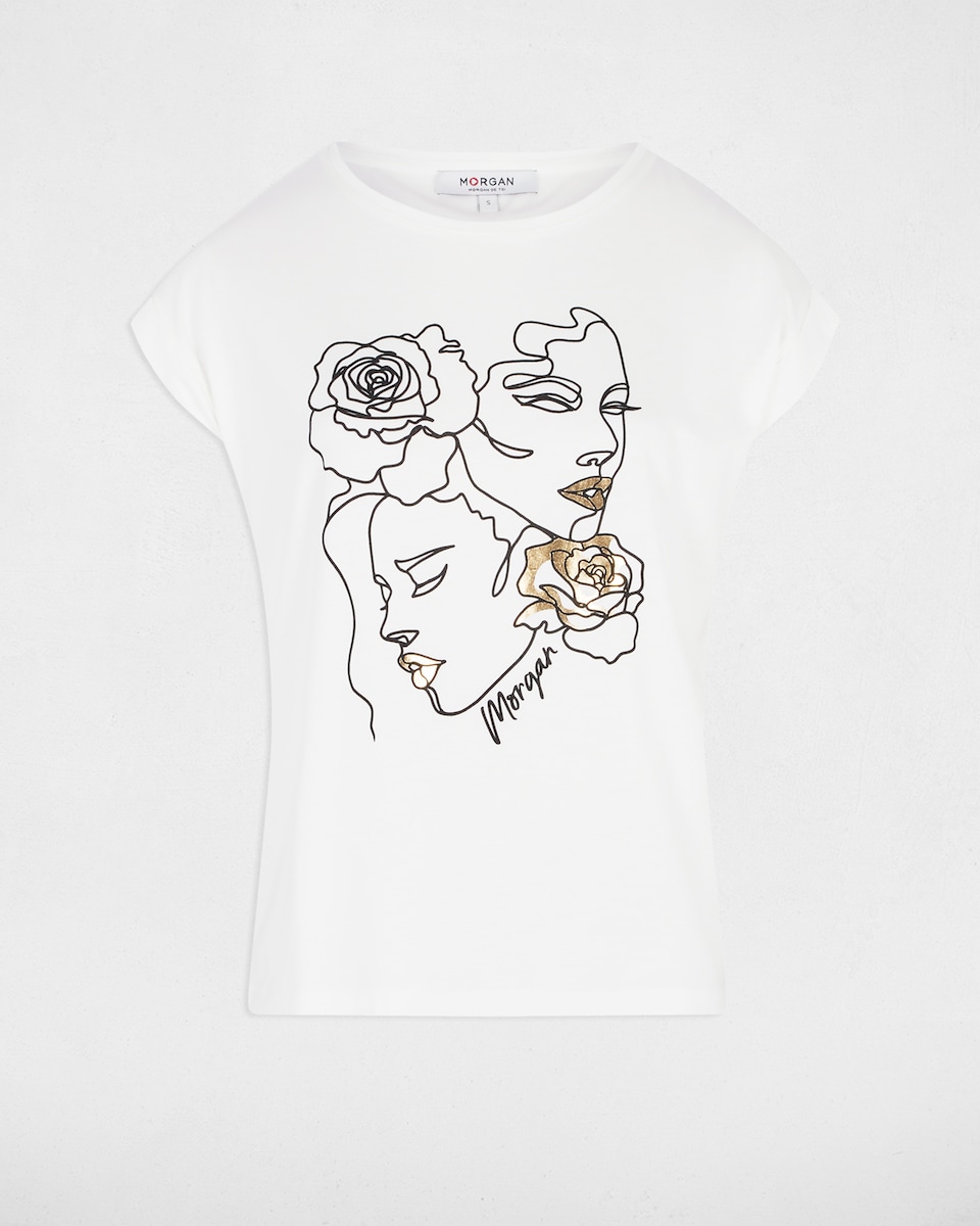 T-shirt com Gola Redonda e Desenho Frontal Branco / Preto-3