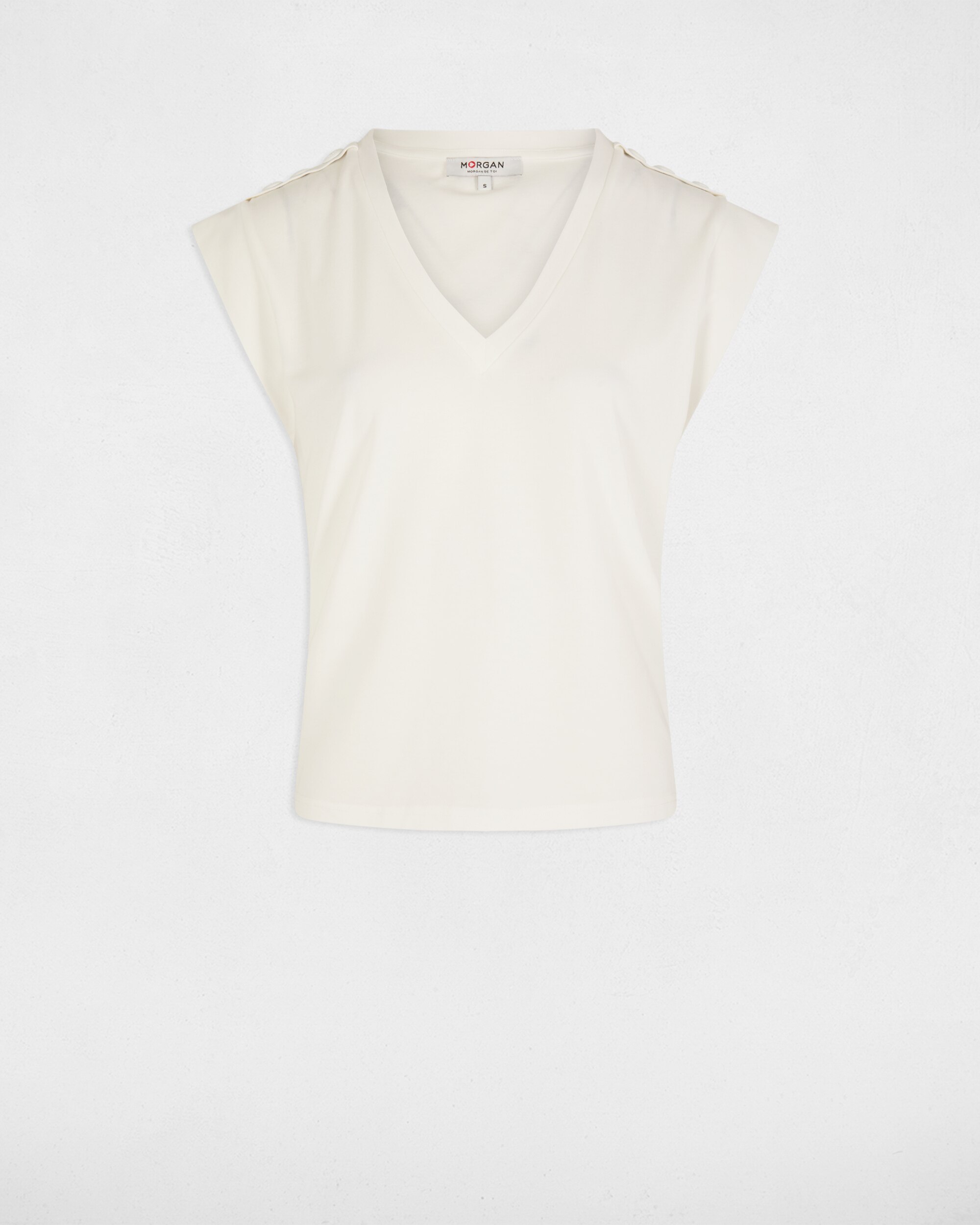 T-shirt com Decote em V e Botões Decorativos Branco-3