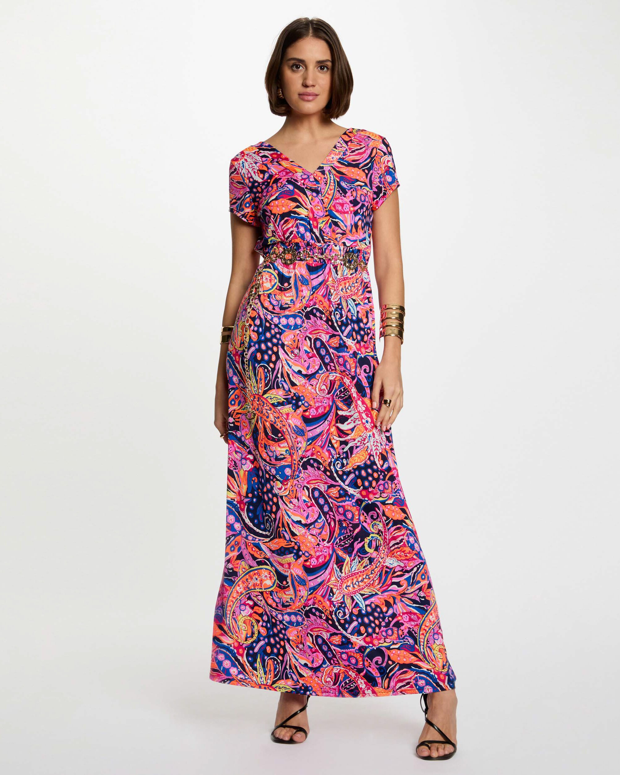 Vestido Comprido Estampado Rosa / azul marinho-4