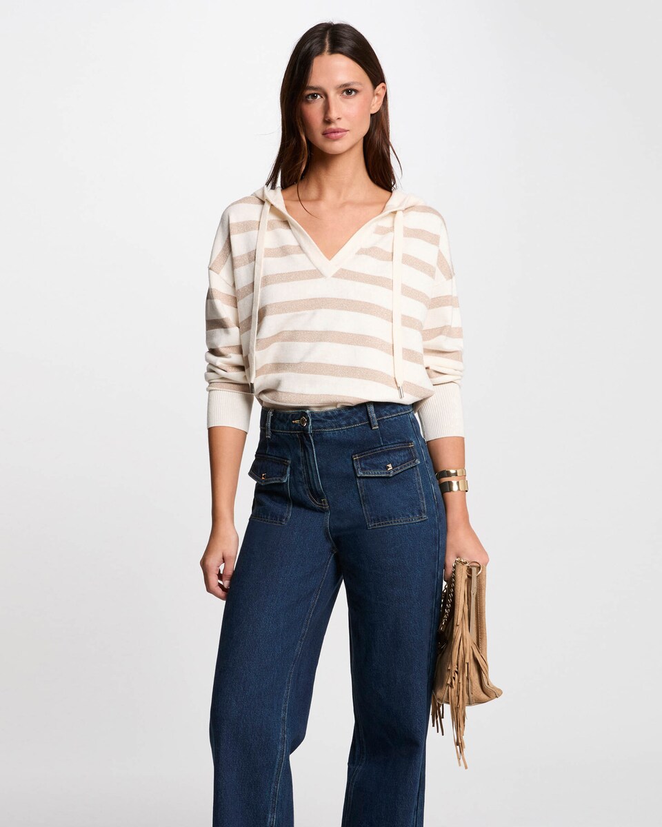 Camisola Às Riscas com Capuz Bege / Branco-1