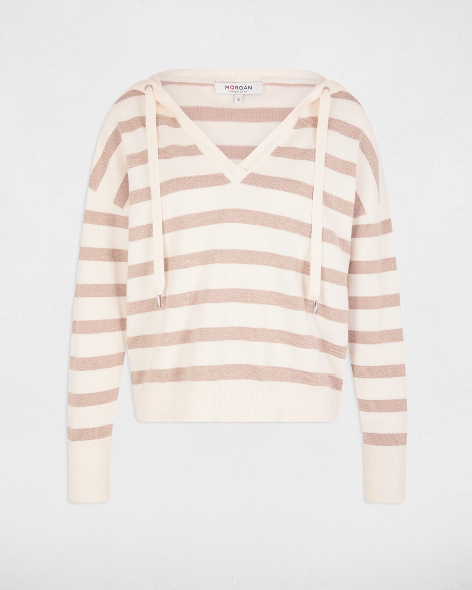 Camisola Às Riscas com Capuz Bege / Branco-3