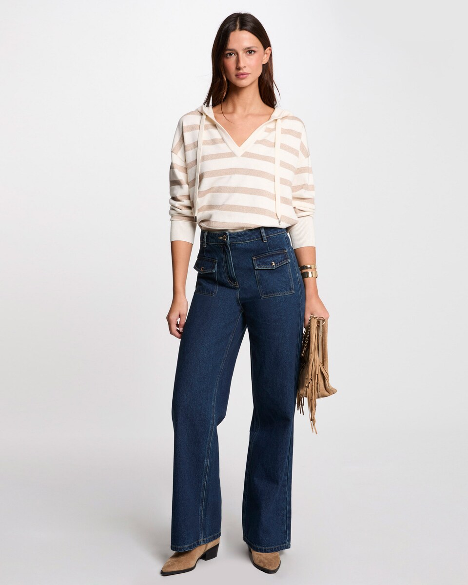 Camisola Às Riscas com Capuz Bege / Branco-4