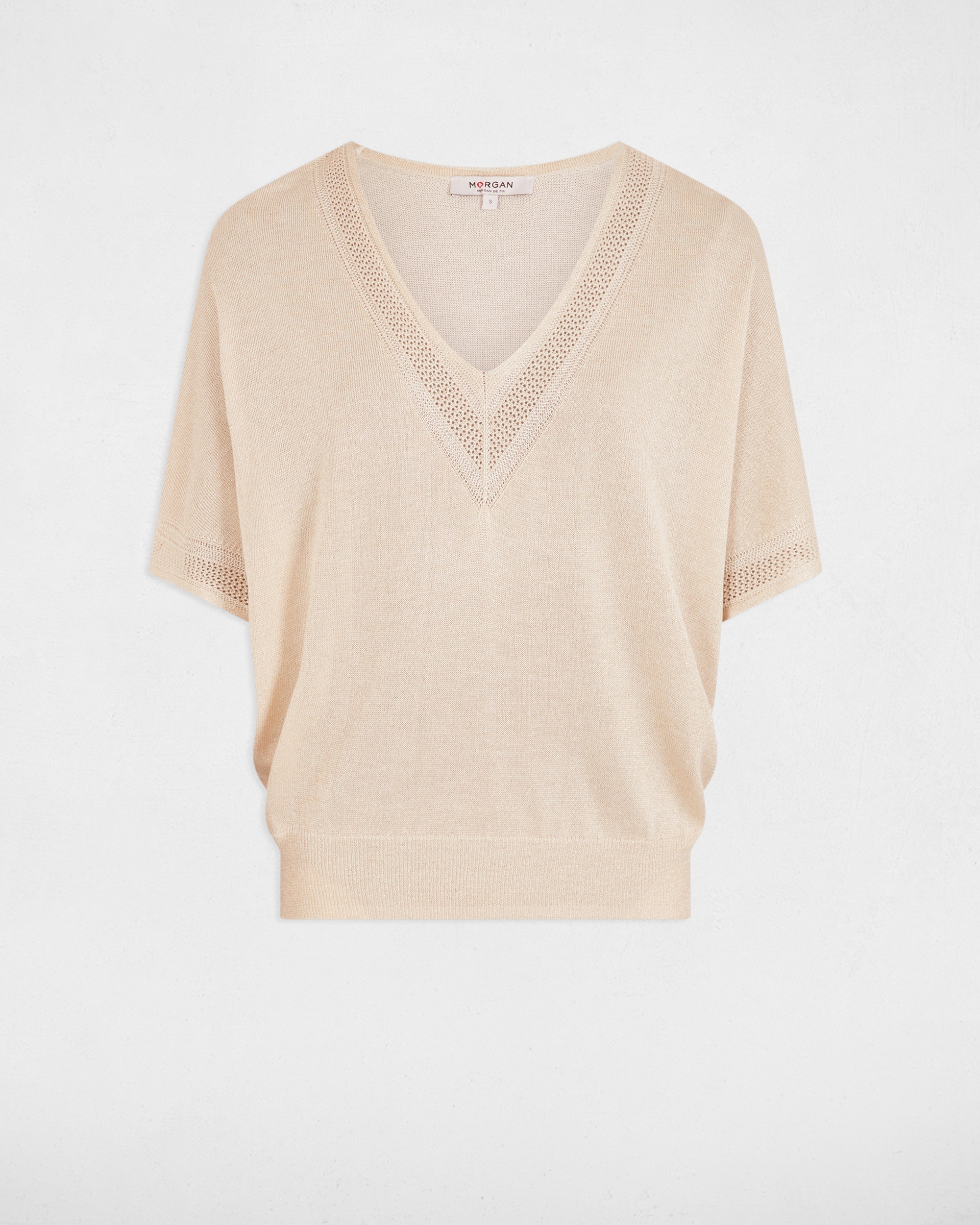 Camisola em Malha Fina com Decote em V Marfim-2