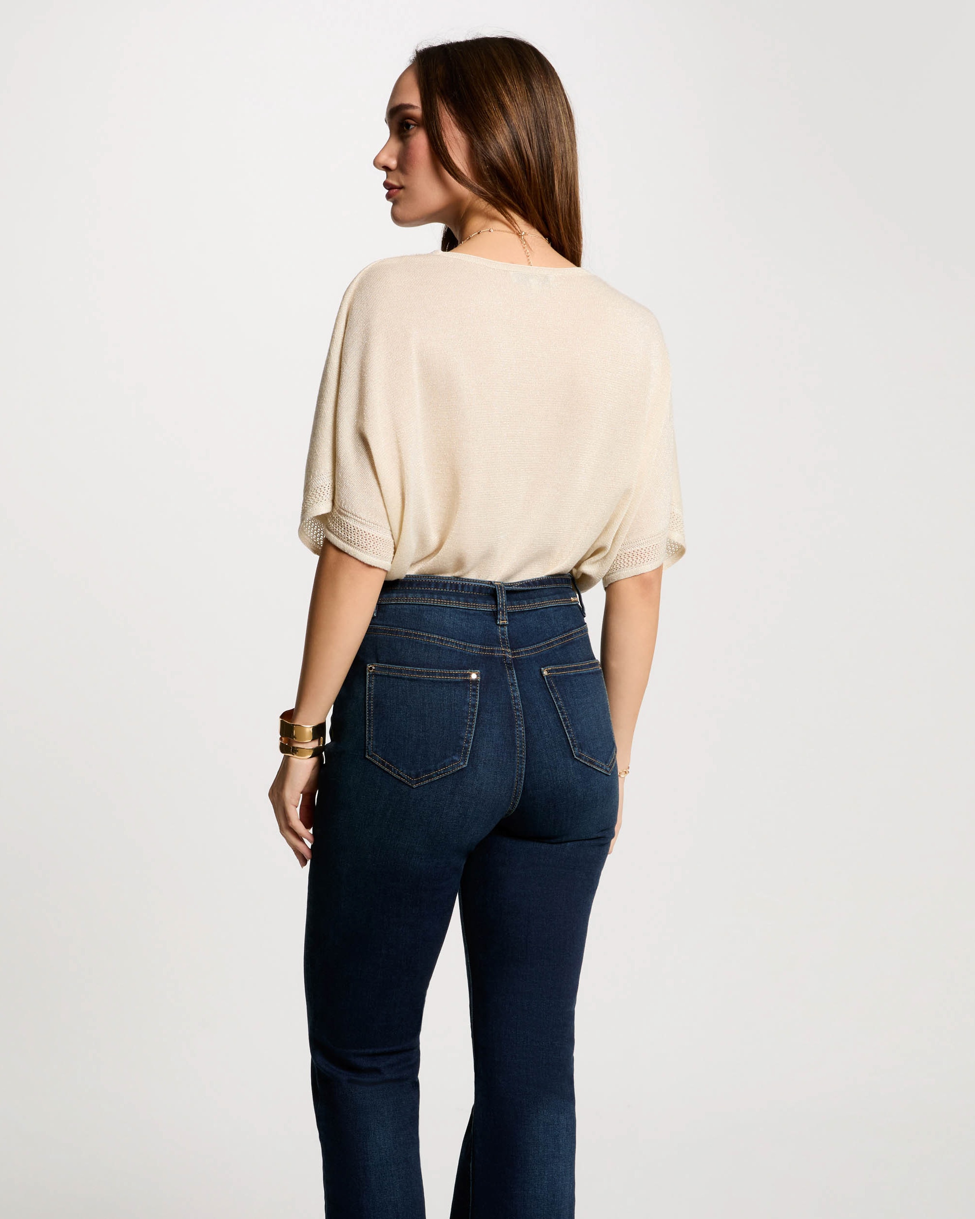 Camisola em Malha Fina com Decote em V Marfim-3