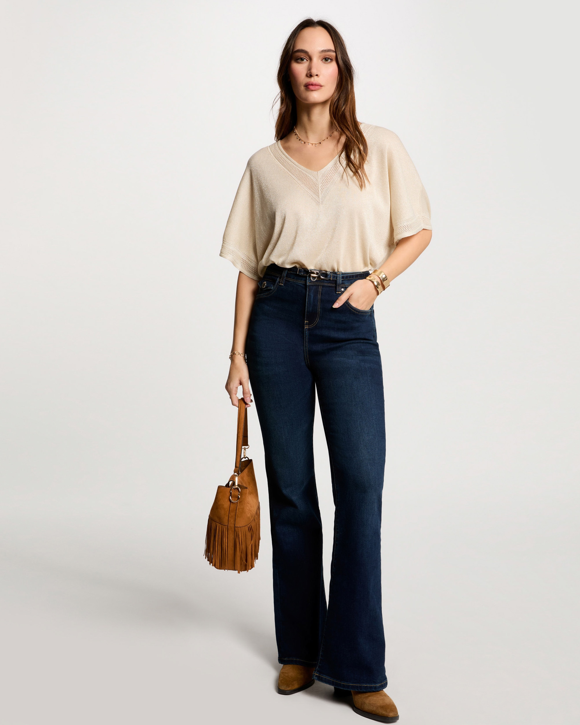 Camisola em Malha Fina com Decote em V Marfim-4