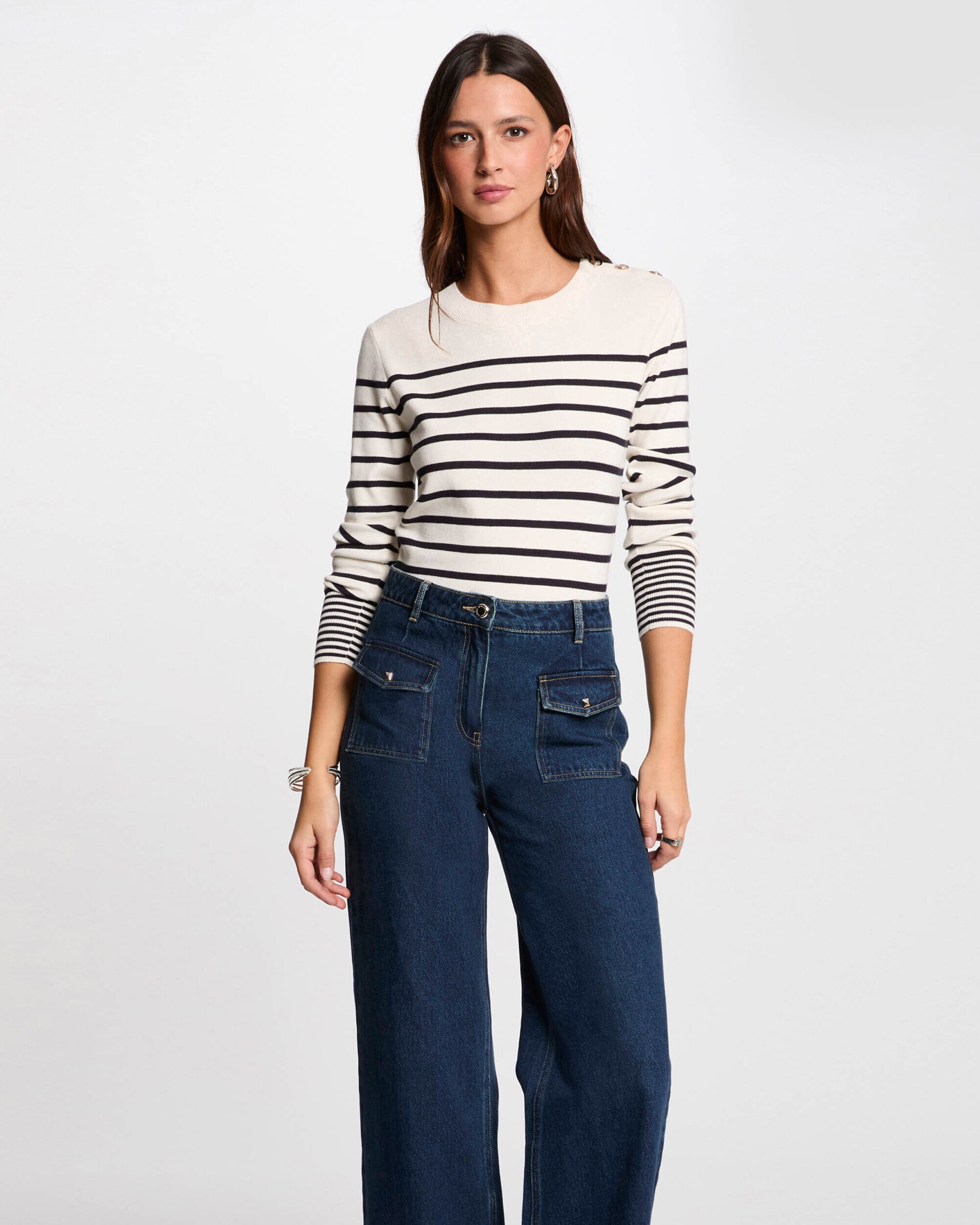 Camisola às Riscas com Botões Decorativos Natural-1