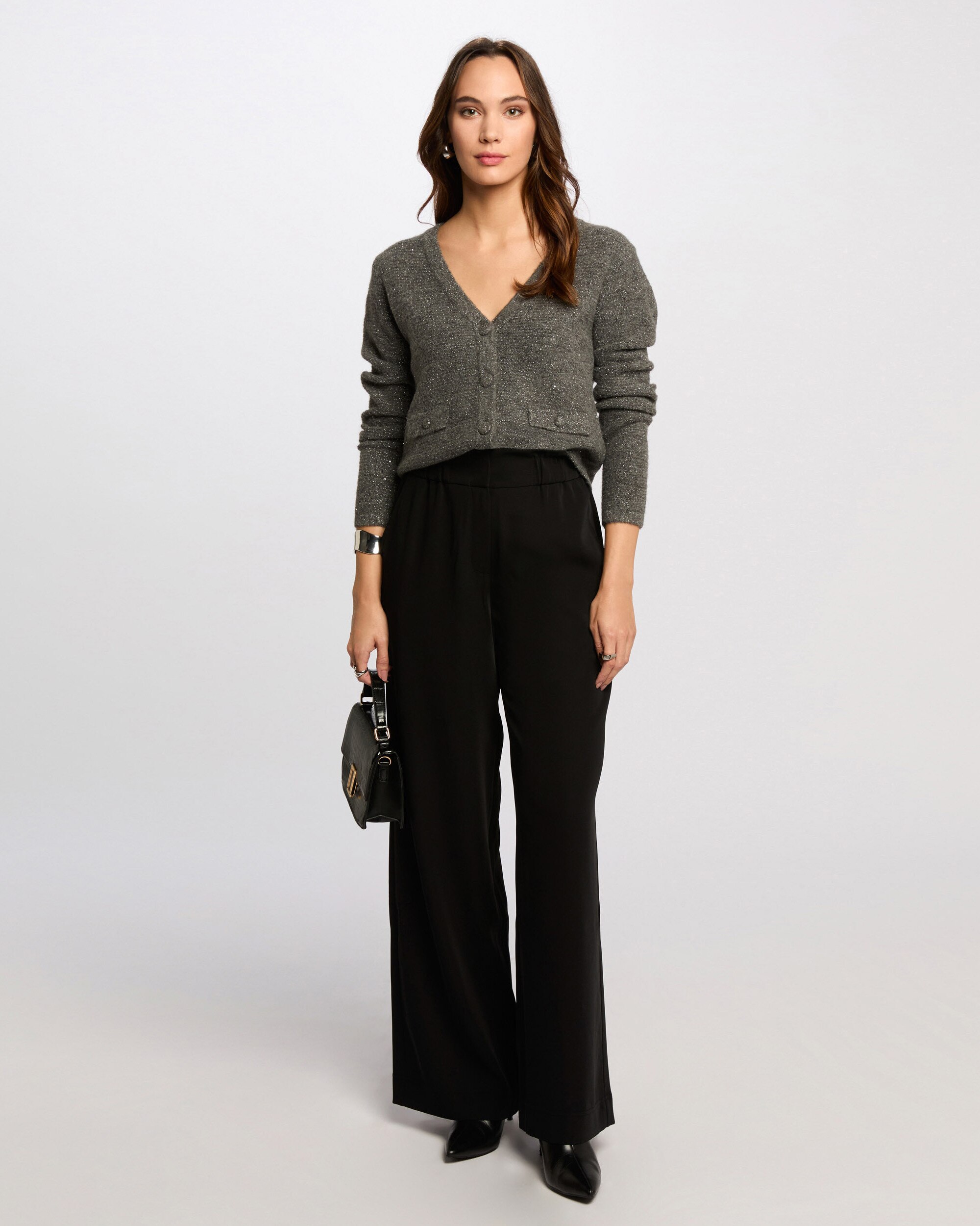 Calças com Perna Larga Preto brilhante-4