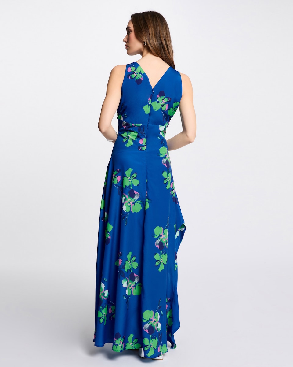 Vestido Comprido Estampado com Decote em V Azul-2