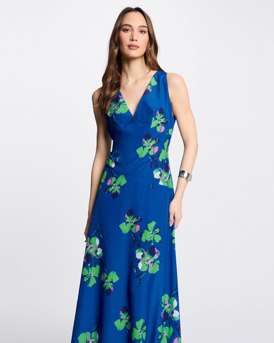 Vestido Comprido Estampado com Decote em V Azul-3
