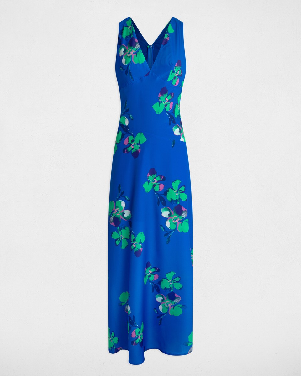 Vestido Comprido Estampado com Decote em V Azul-4
