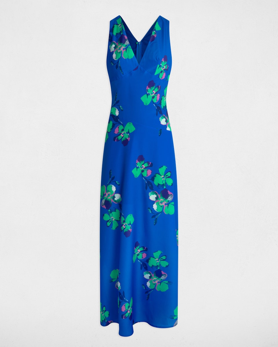 Vestido Comprido Estampado com Decote em V Azul-4