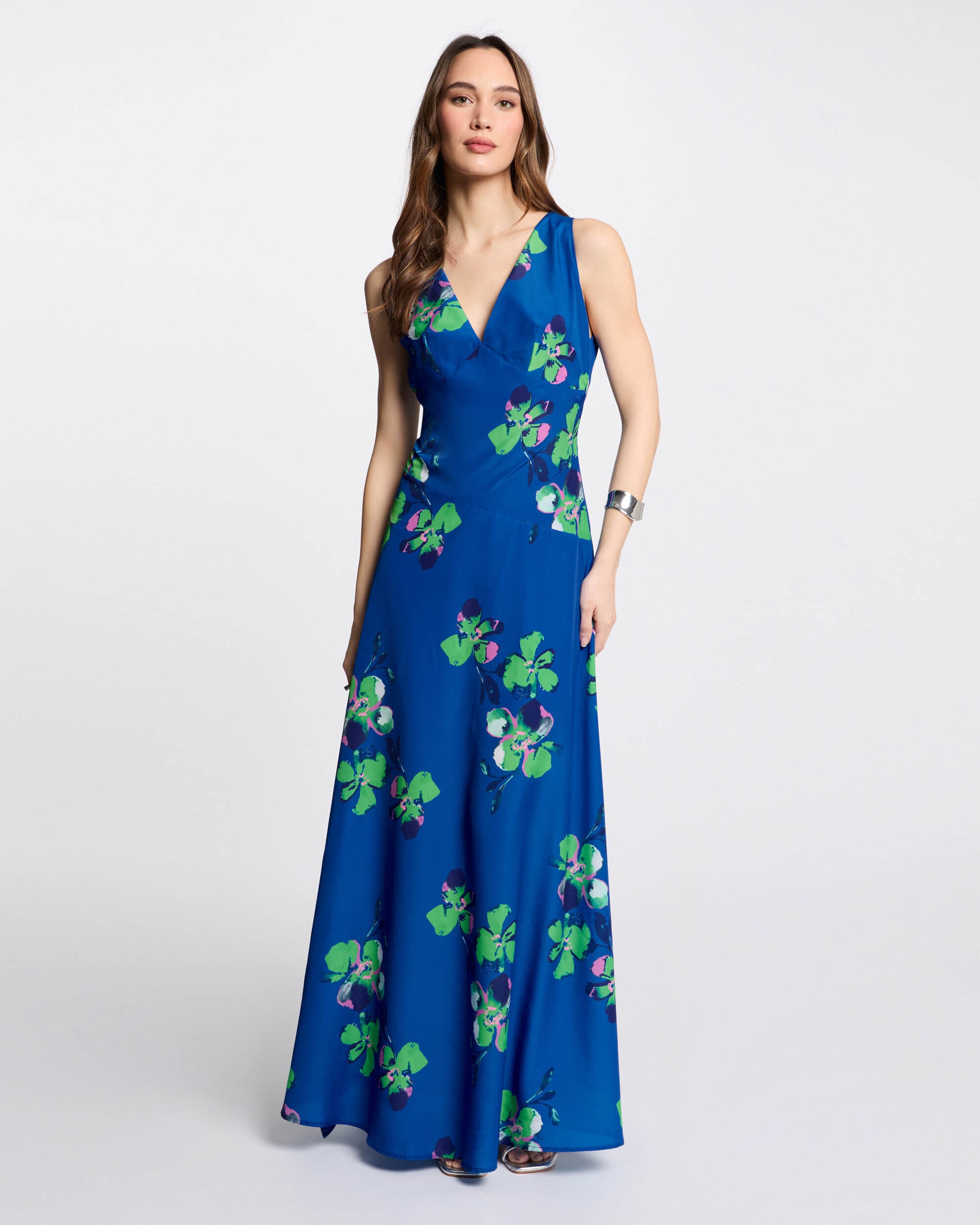 Vestido Comprido Estampado com Decote em V Azul / Verde-1