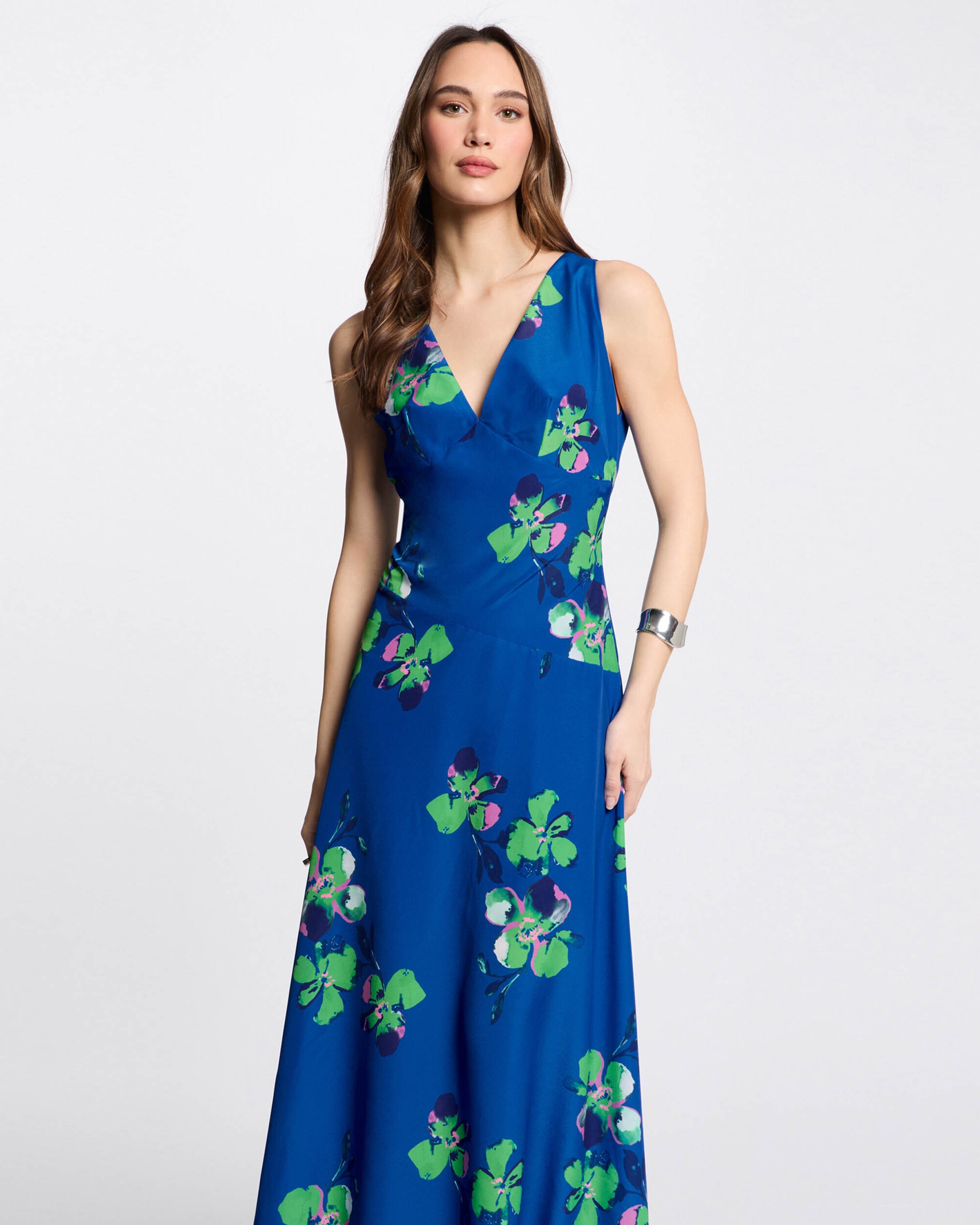 Vestido Comprido Estampado com Decote em V Azul / Verde-3