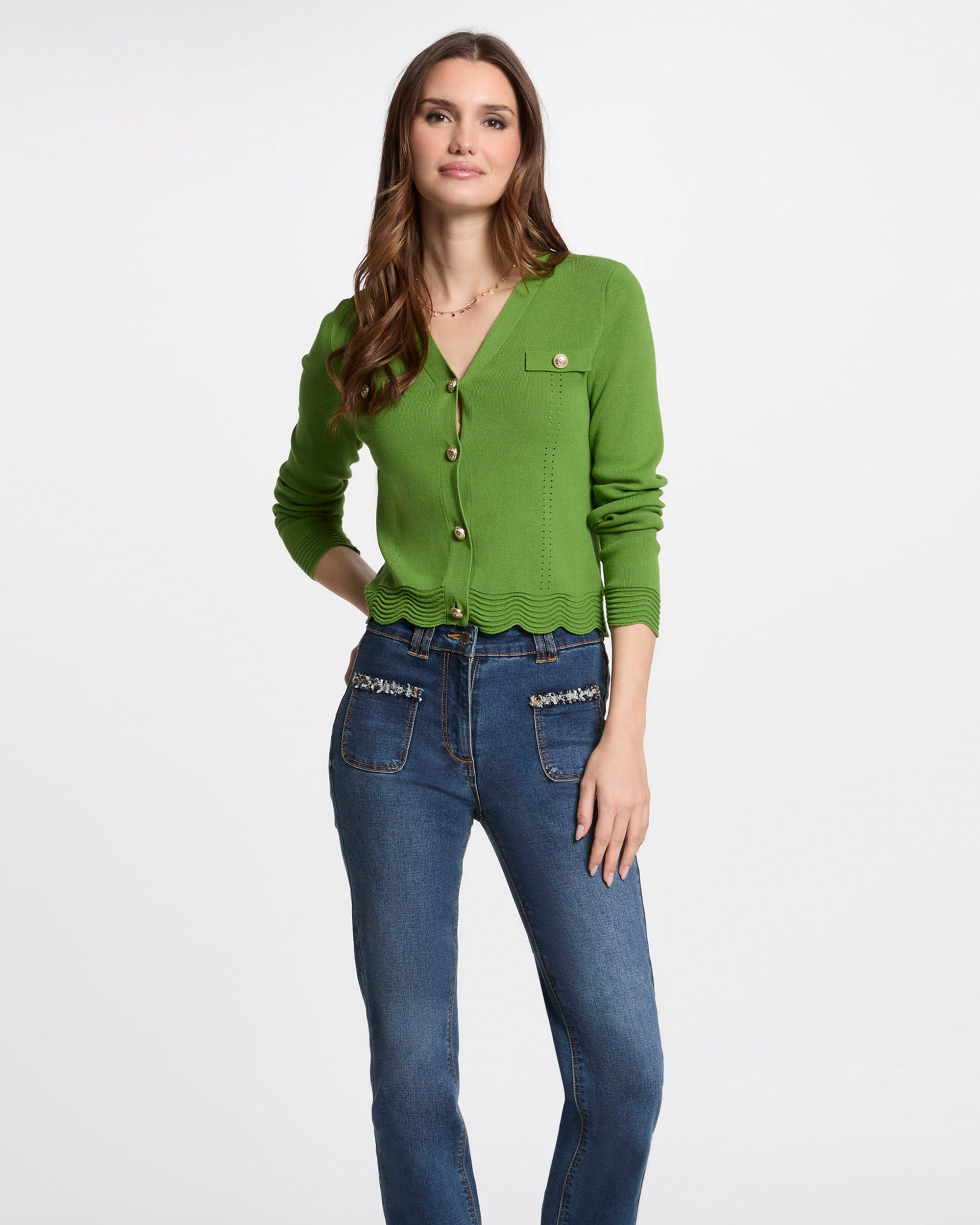 Cardigan com Decote em V e Fecho de Botões Verde-1