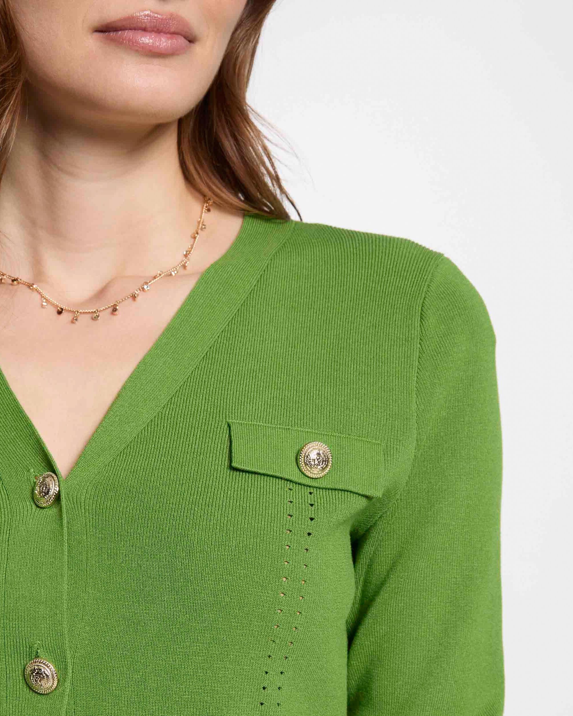 Cardigan com Decote em V e Fecho de Botões Verde-5