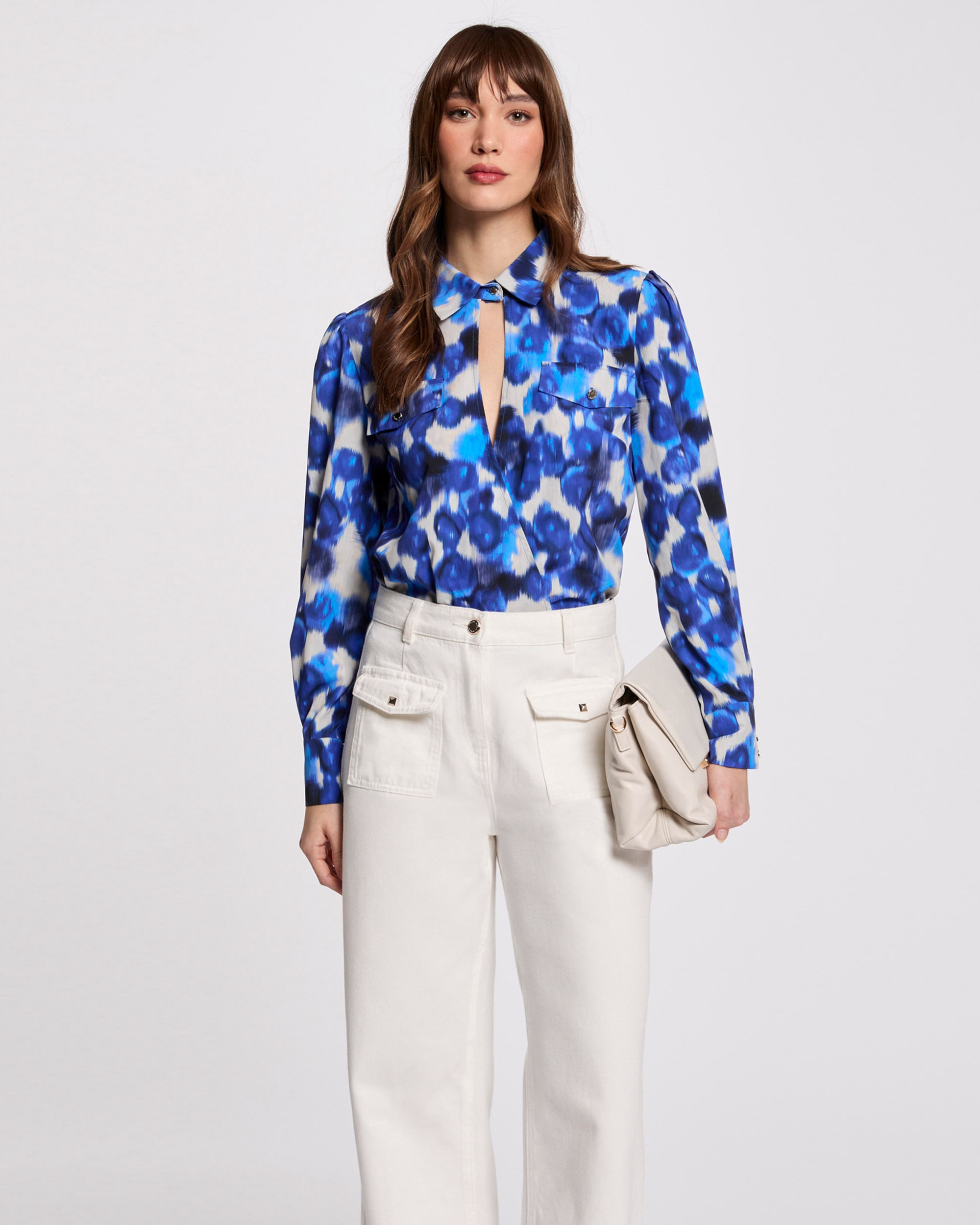 Blusa Estampada de Manga Comprida Azul / Branco-1