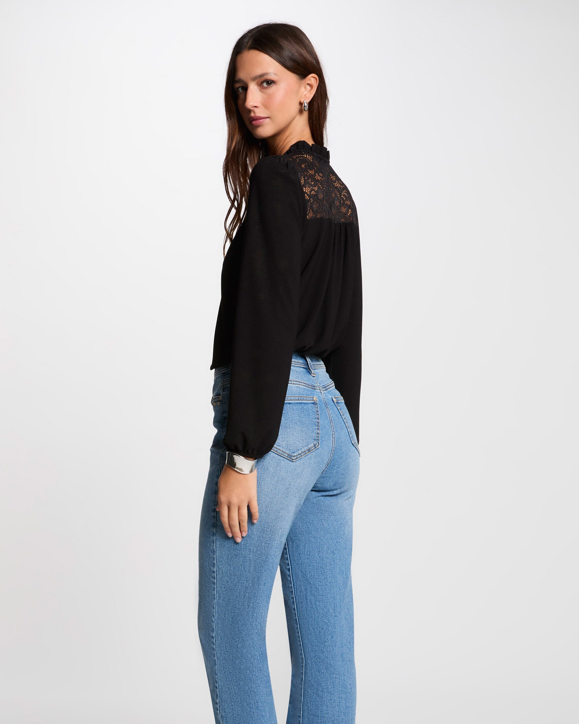 T-shirt de Manga Comprida com Apliques de Renda Preto-2