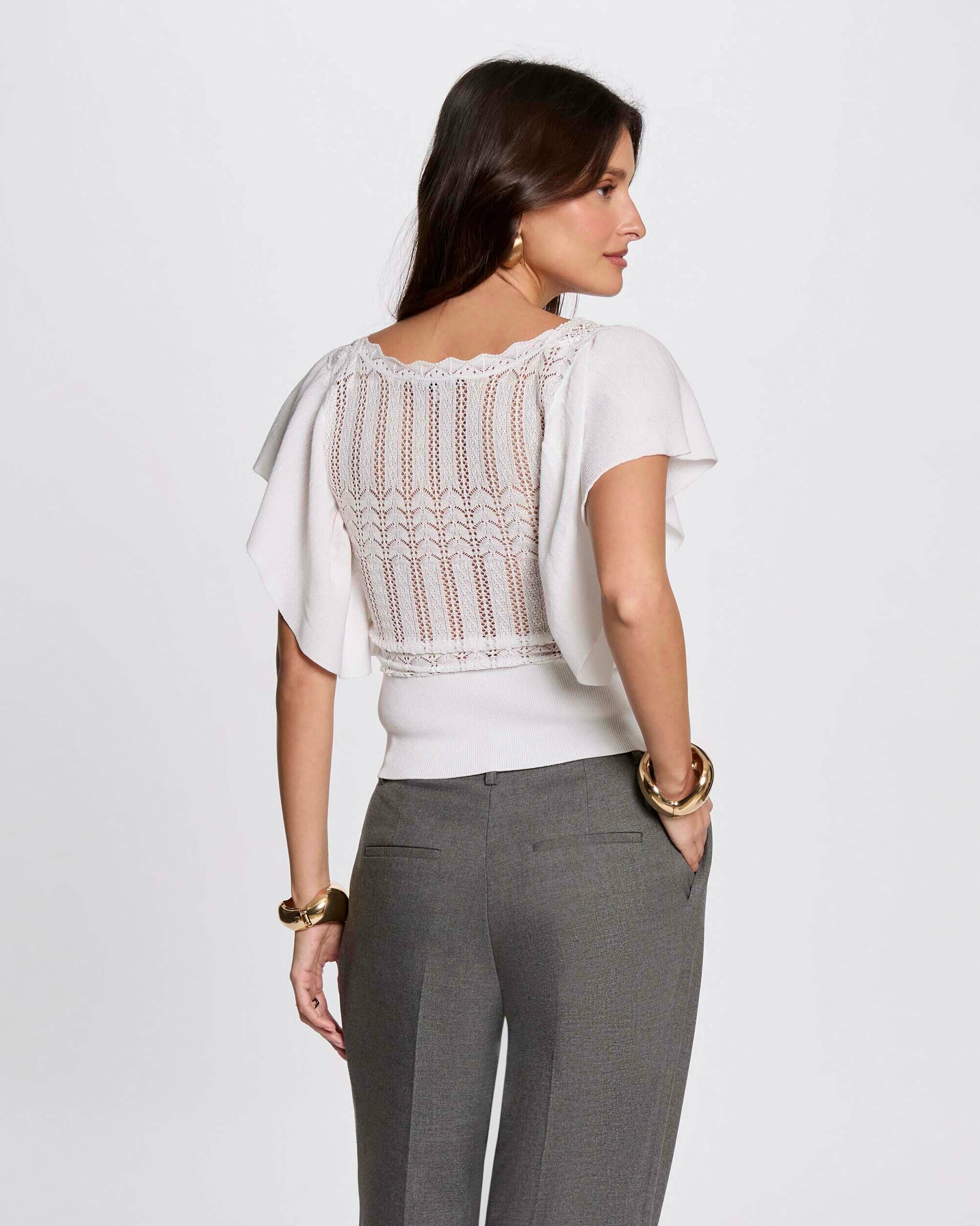 Camisola de Manga Curta com Renda Branco-2