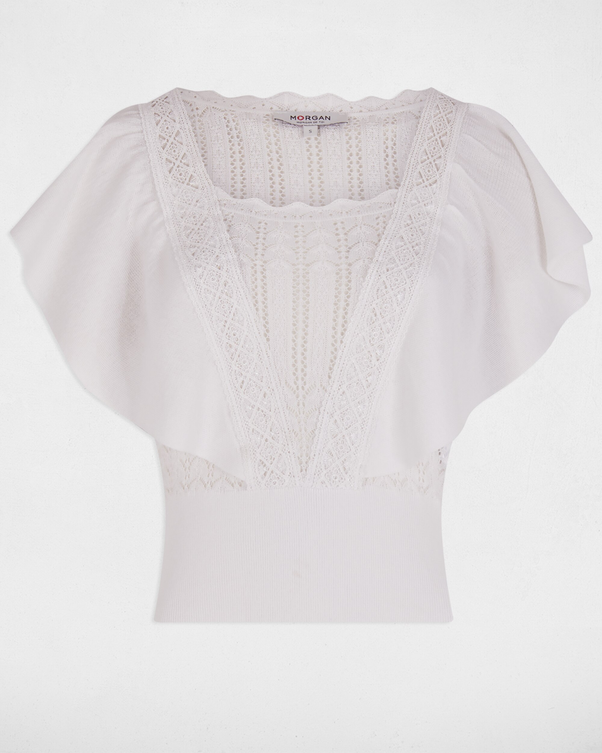 Camisola de Manga Curta com Renda Branco-3