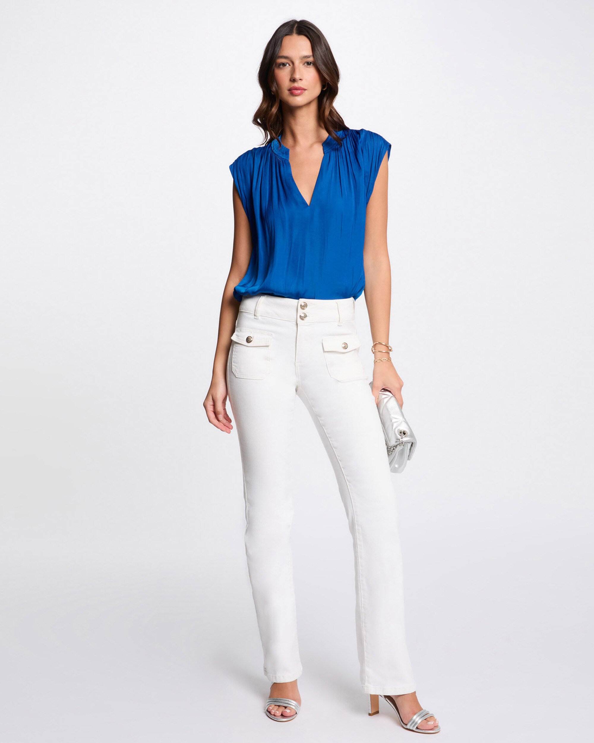 Blusa Acetinada com Ombreiras Azul-4
