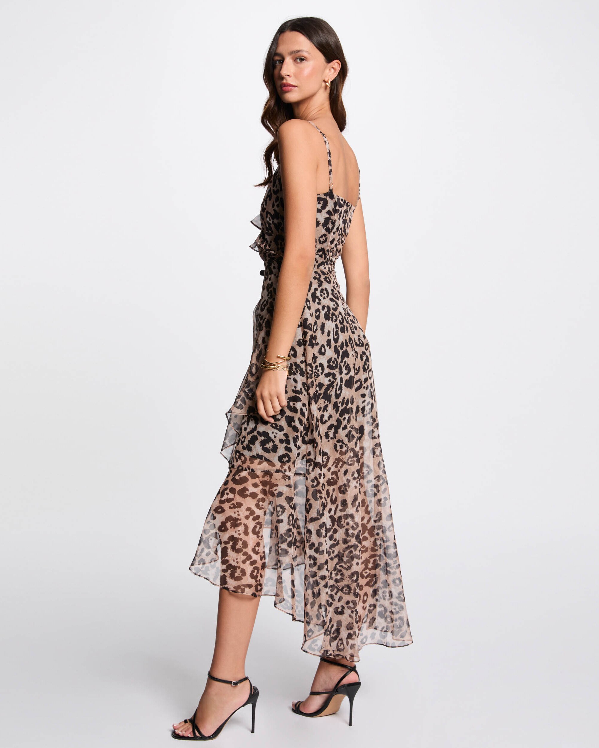 Vestido Estampado com Folhos Castanho-2