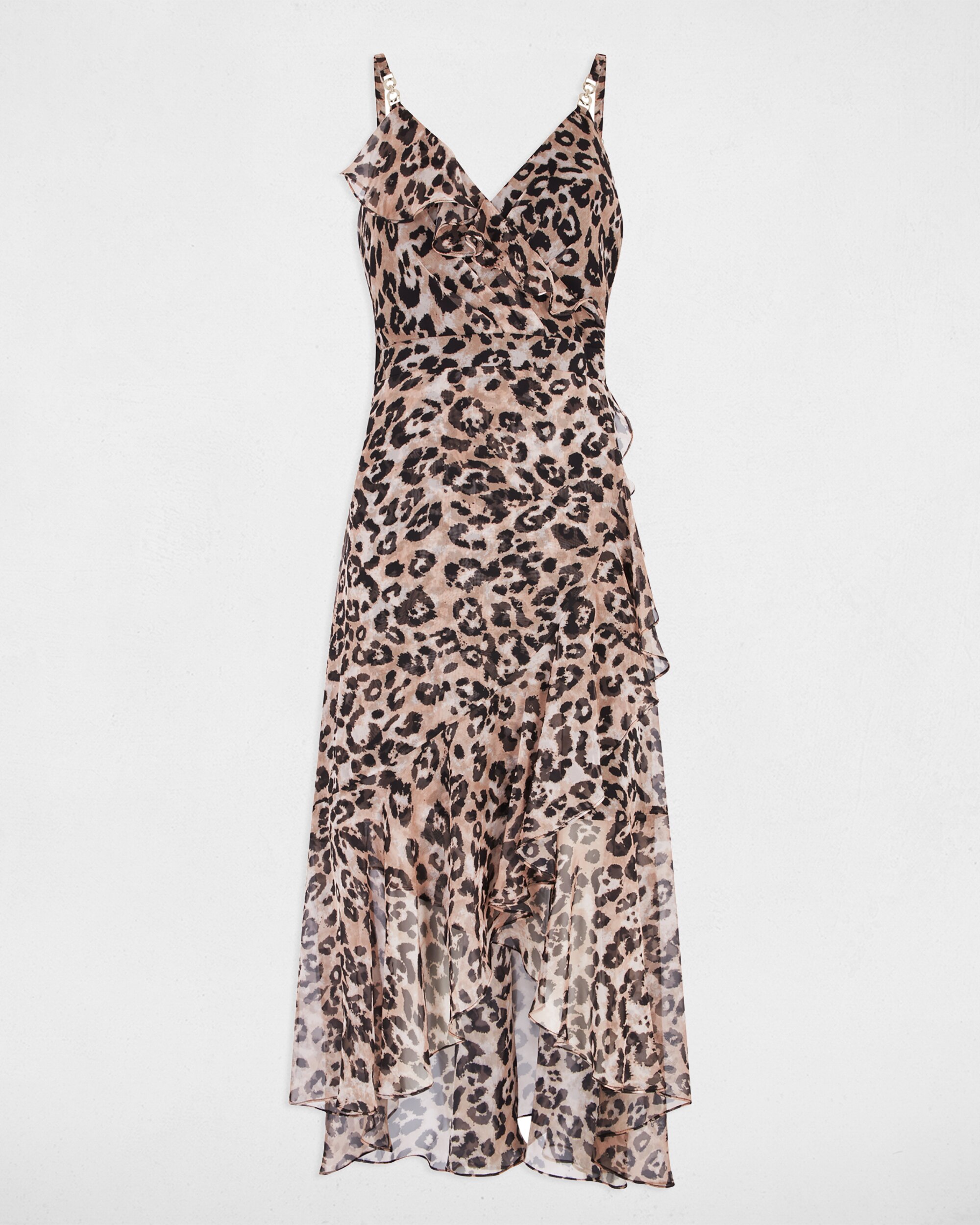 Vestido Estampado com Folhos Castanho-3