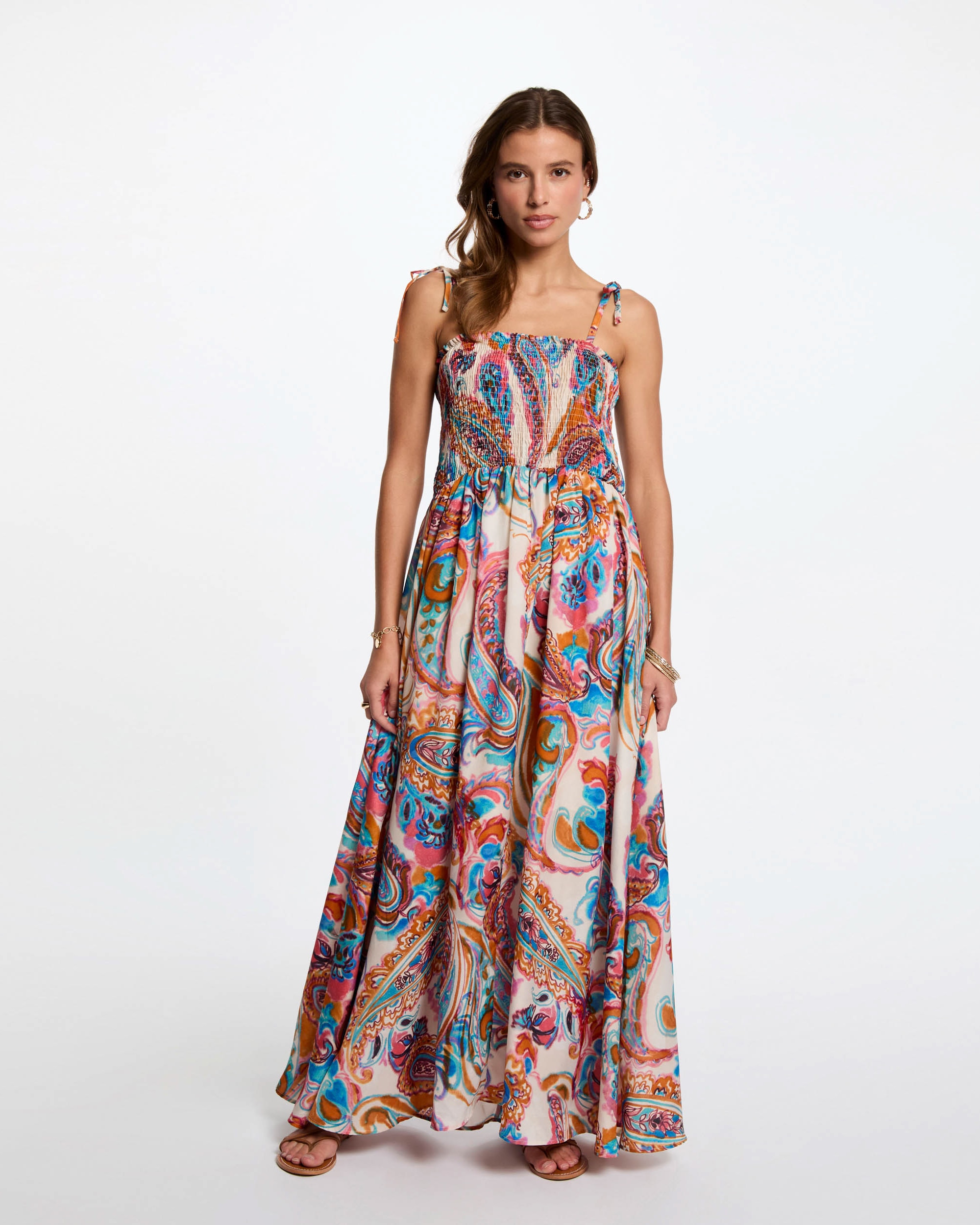 Vestido Comprido Estampado de Alças Azul-marinho / Laranja-1
