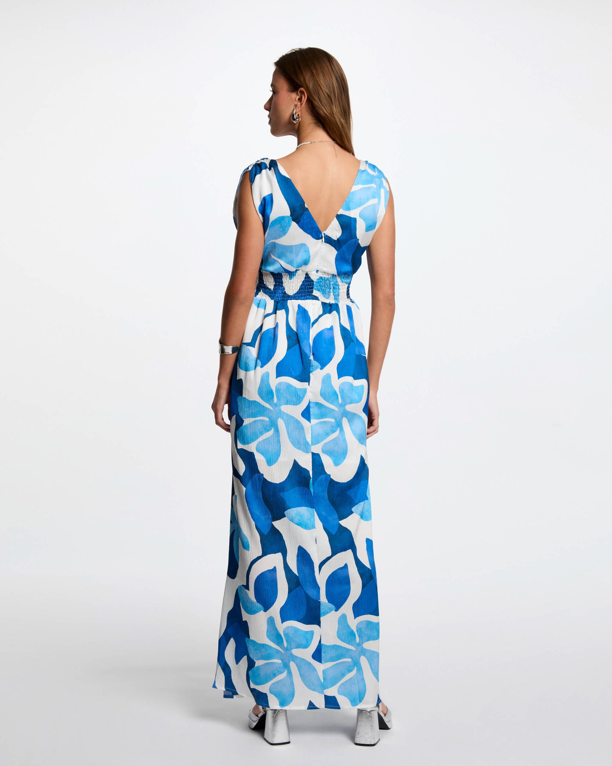 Vestido Comprido com Corte a Direito Estampado Azul / Branco-2