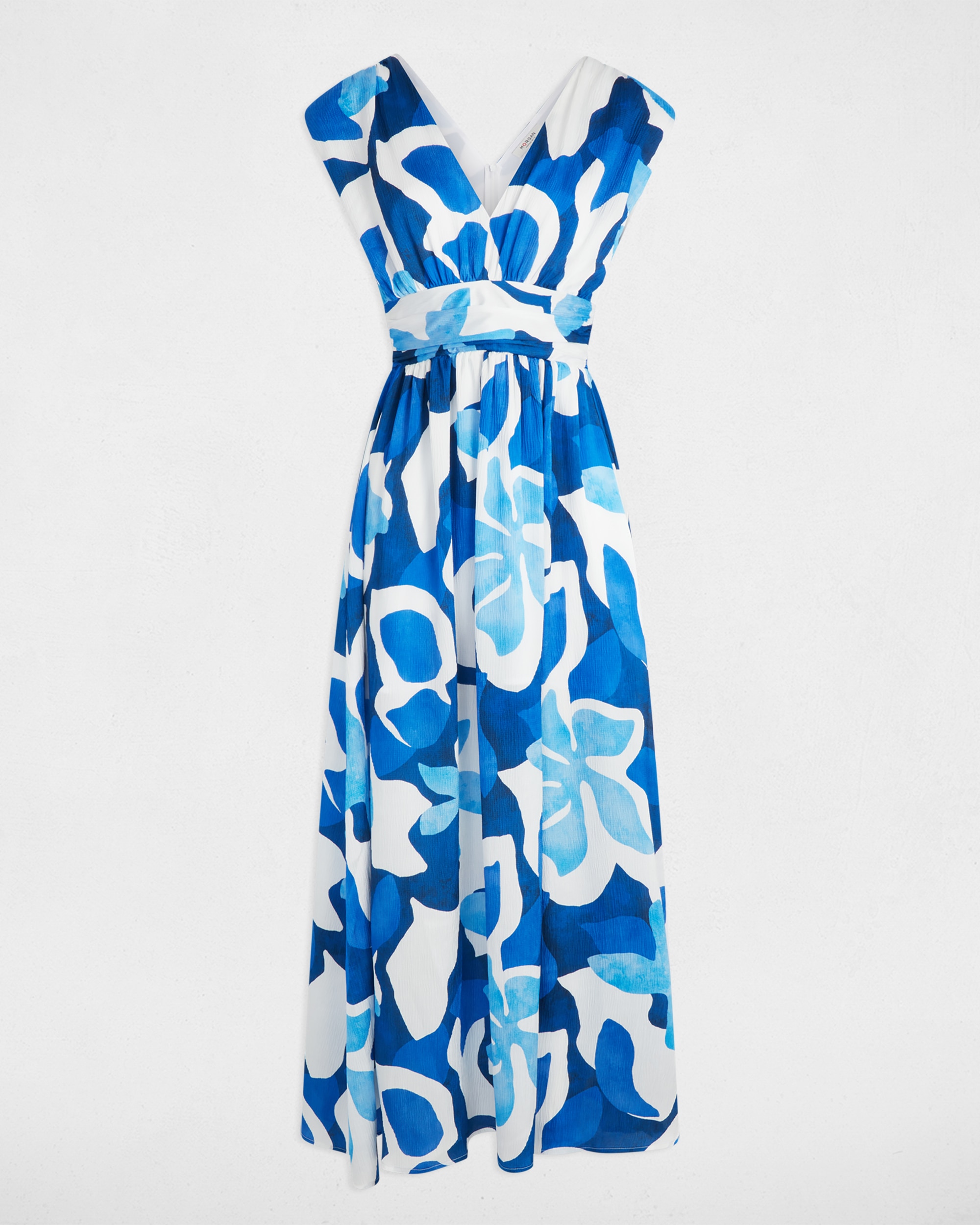 Vestido Comprido com Corte a Direito Estampado Azul / Branco-3