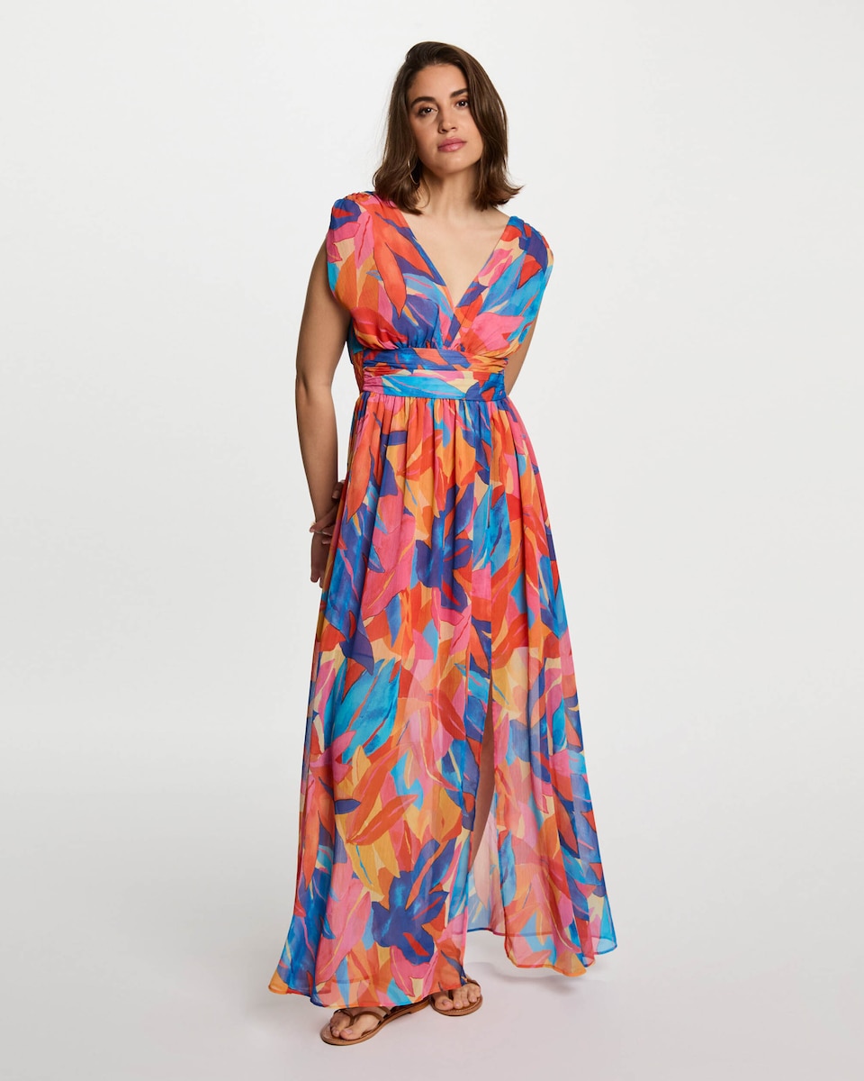 Vestido Comprido com Corte a Direito Estampado Multicolor-4