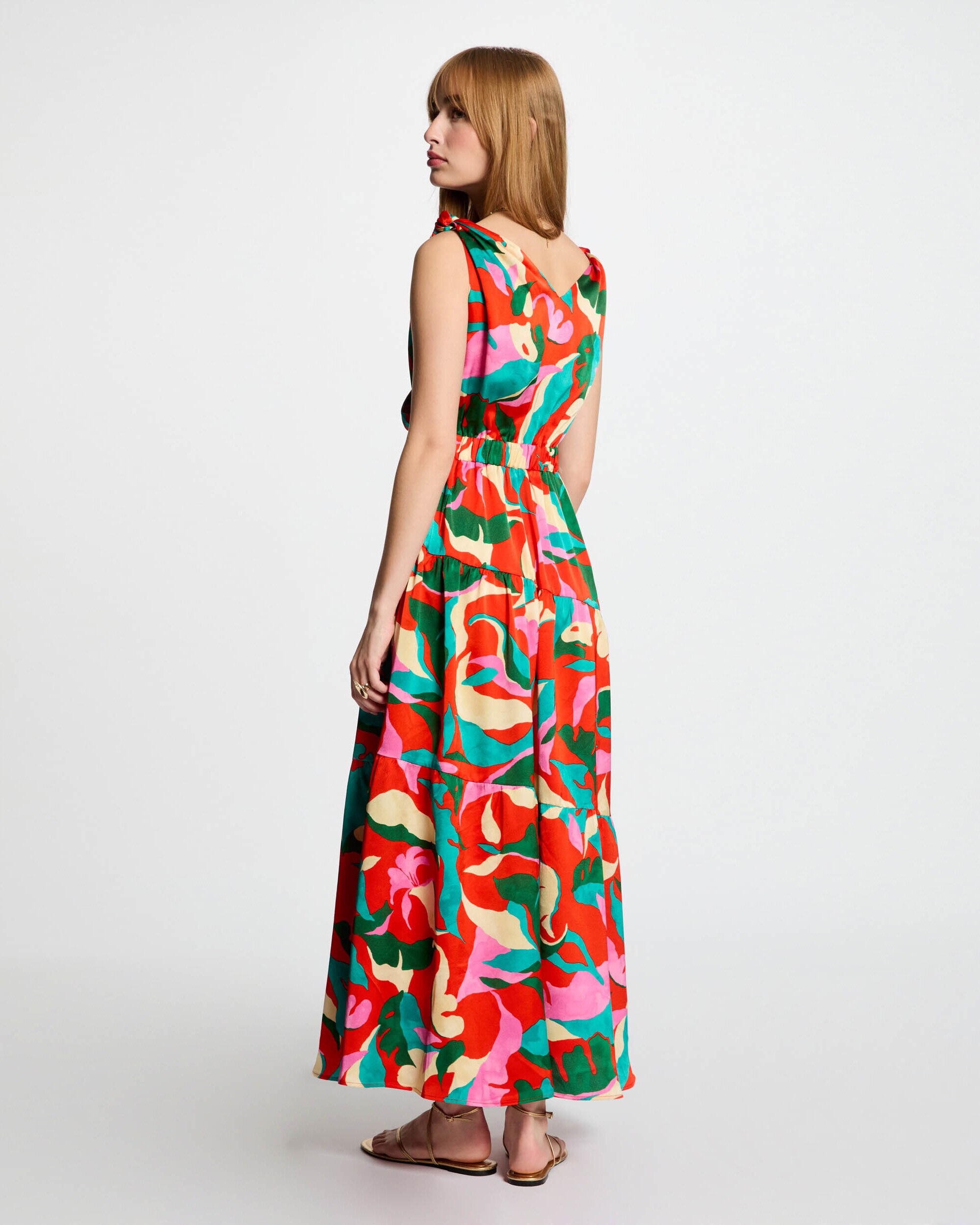 Vestido Comprido Estampado com Decote Cruzado Vermelho / Verde-2