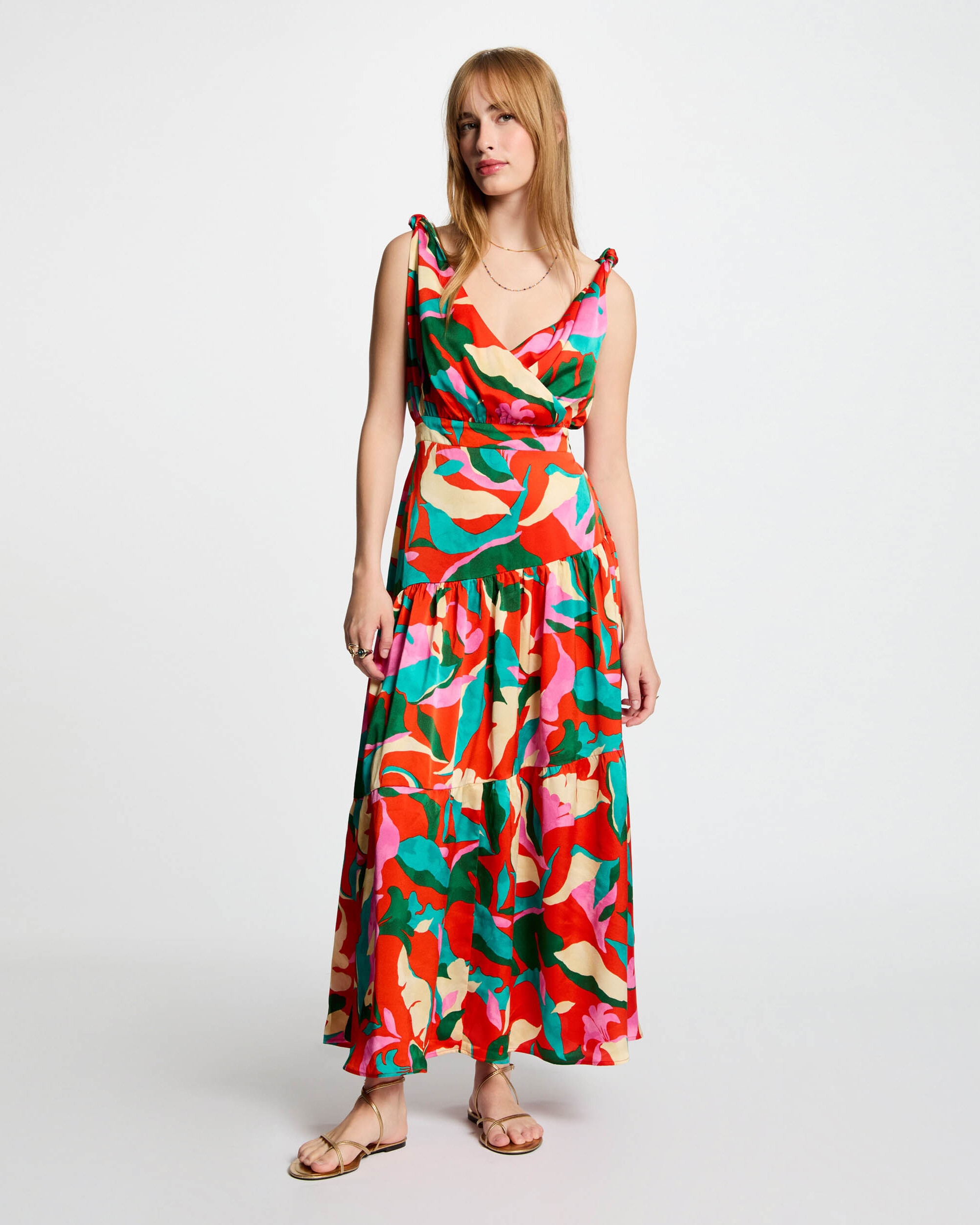 Vestido Comprido Estampado com Decote Cruzado Vermelho / Verde-4
