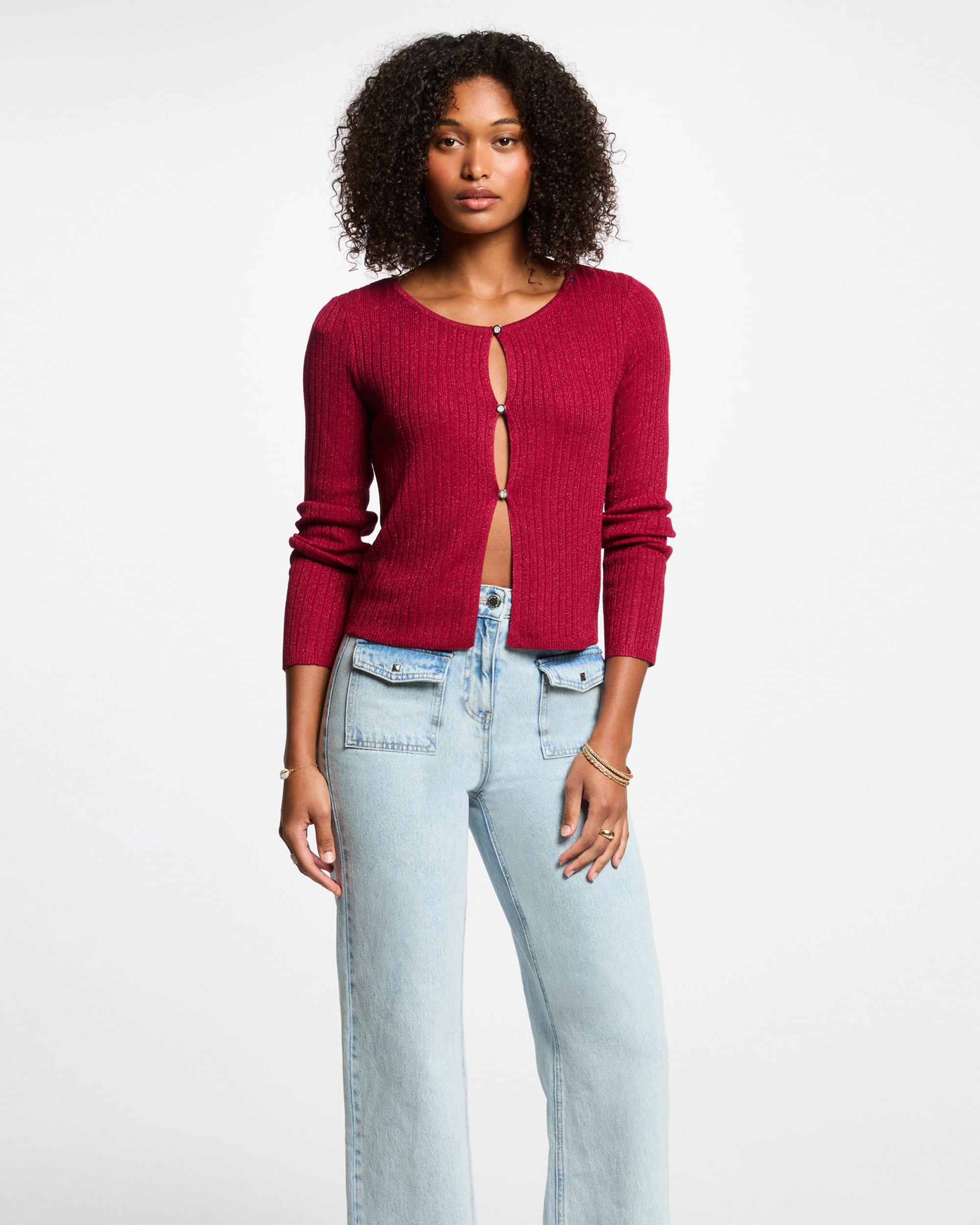 Cardigan de Manga Comprida Vermelho Metálico-1