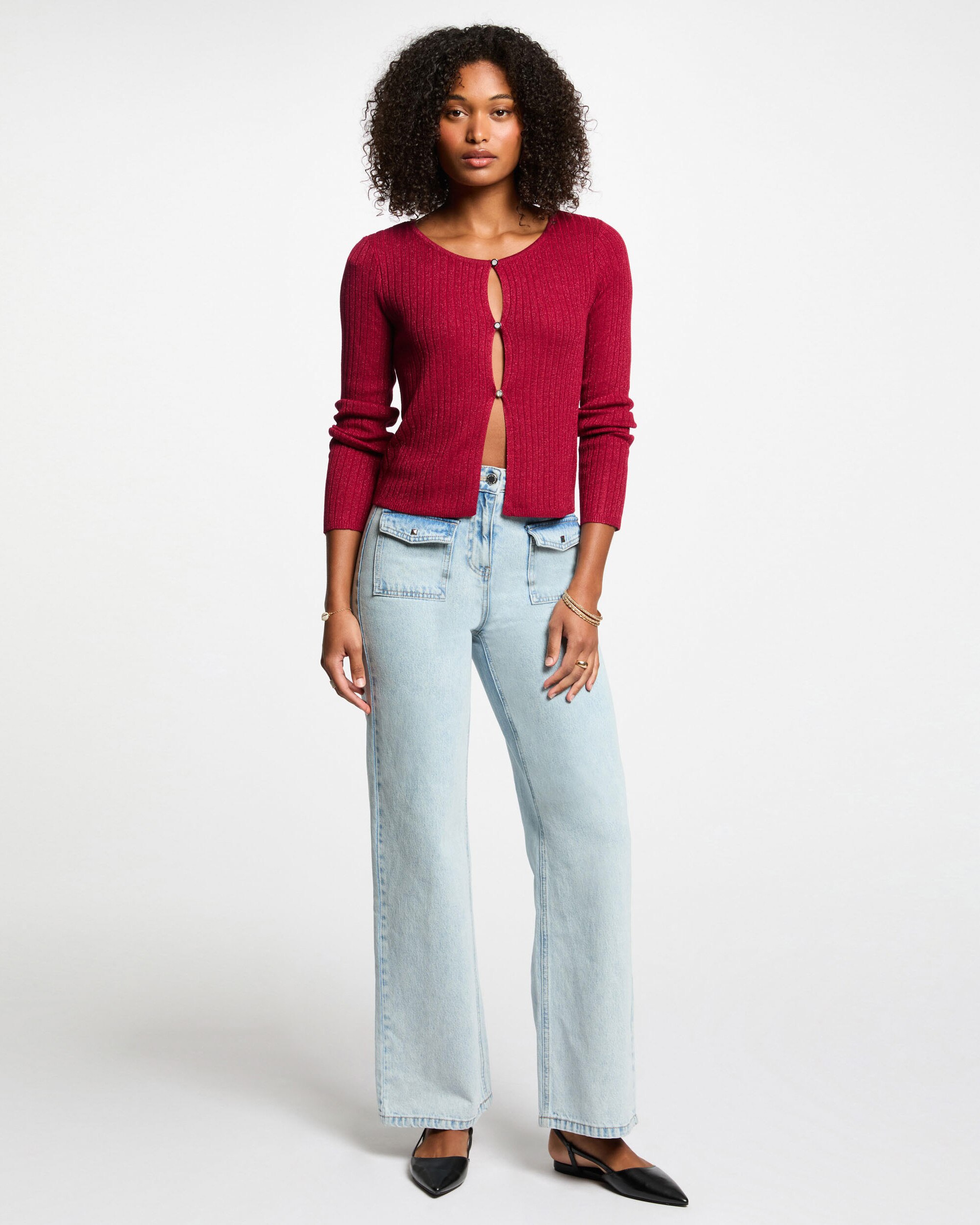 Cardigan de Manga Comprida Vermelho Metálico-4