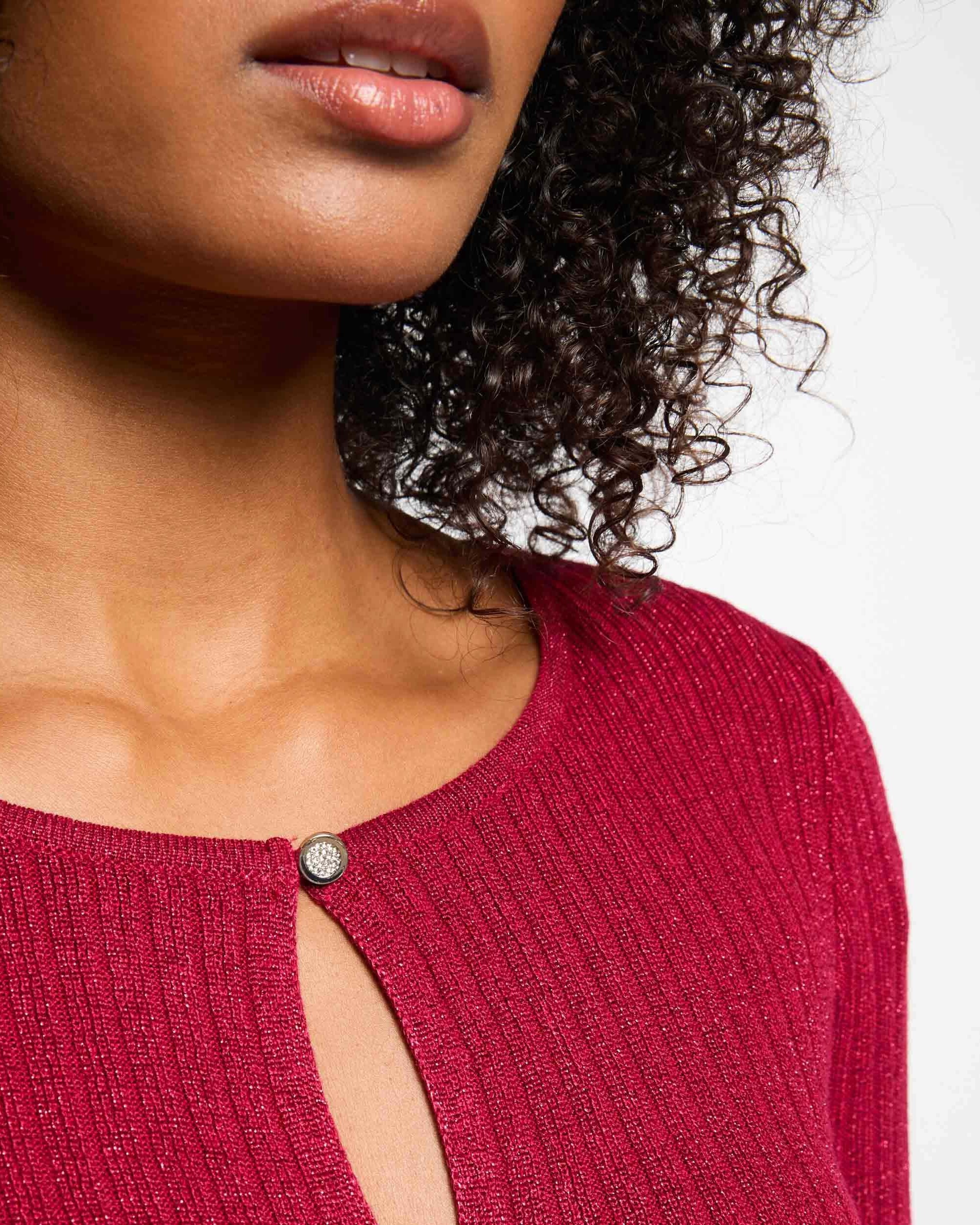 Cardigan de Manga Comprida Vermelho Metálico-5