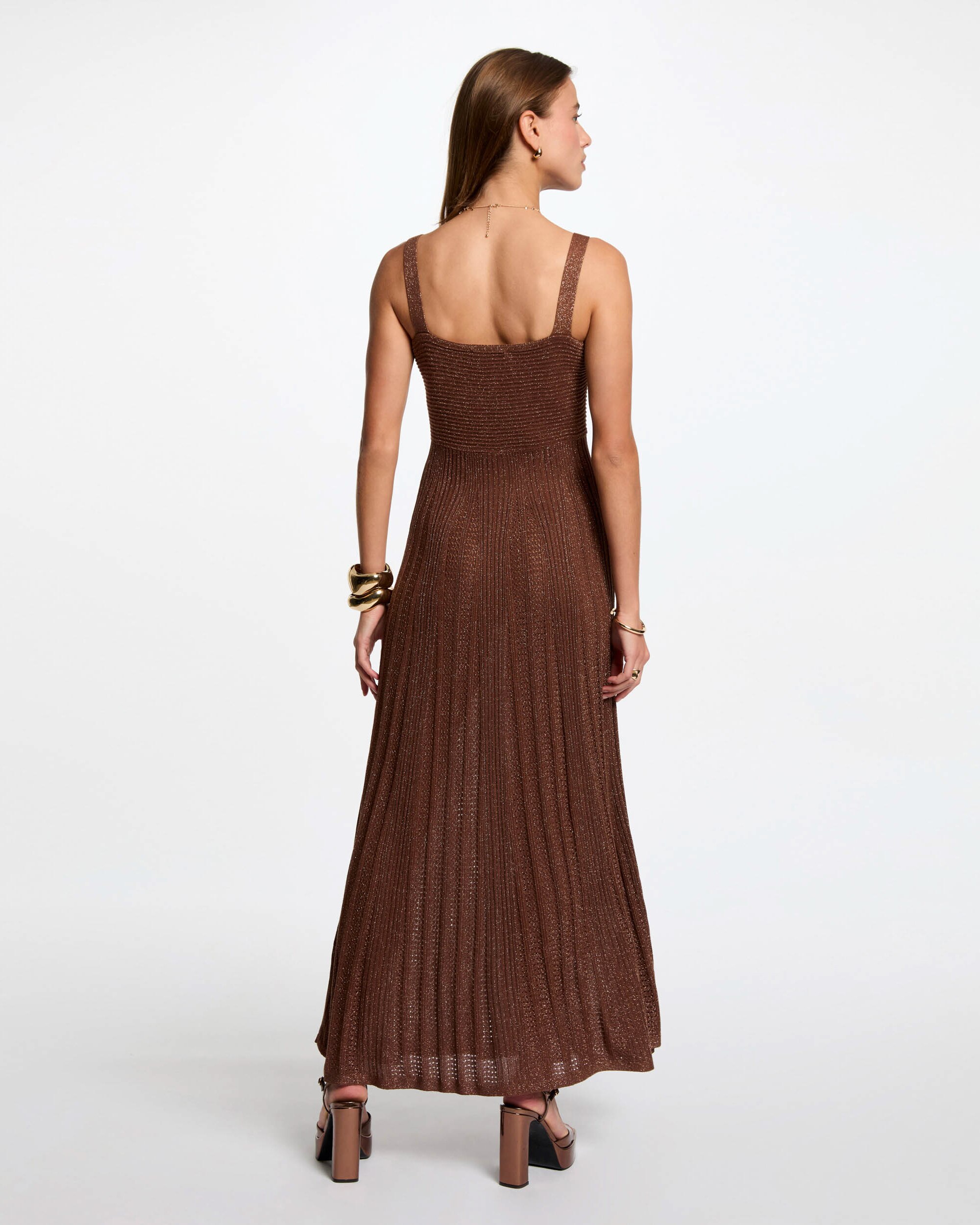 Vestido de Malha Comprido com Corte a Direito Castanho-3